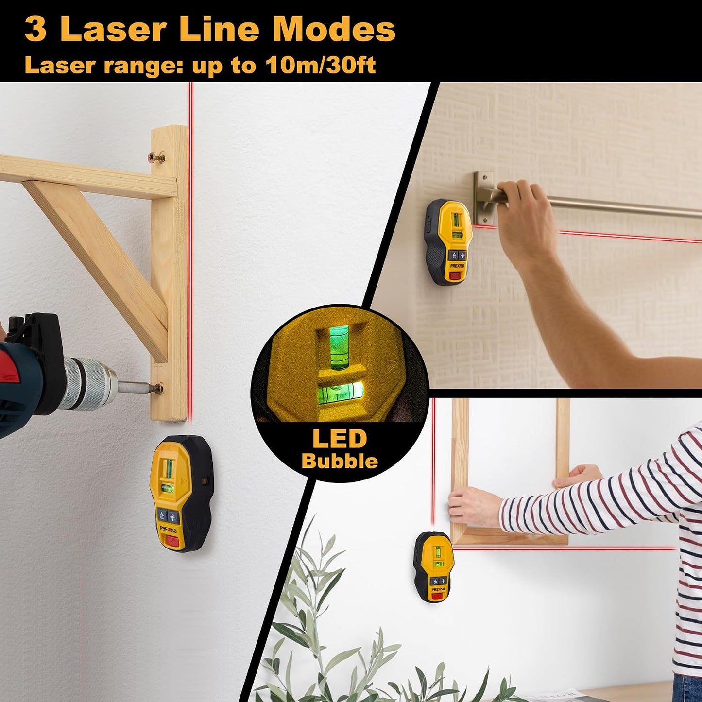 PREXISO 2-in-1 Rechargeable Cross Line Laser Level & Magnetic Stud Finder | Compact Line Lasers with LED Bubble Vials for Accurate Marking for Hanging Frames & Pictures Non-Electronic Stud Finder