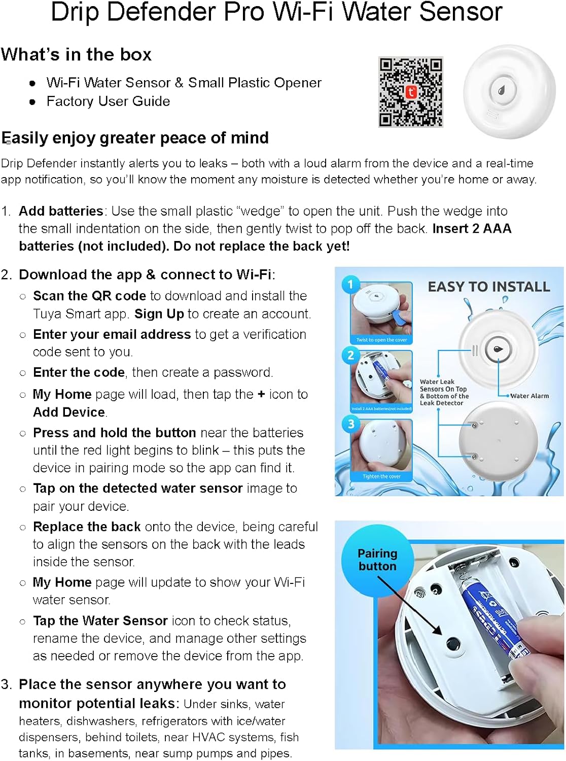Drip Defender Pro Water Sensor WiFi Water Leak Detector for Home 100dB | High Sensitivity Smart Moisture Alarm, IP66 Waterproof, Easy Installation for Kitchens, Basements, Bathrooms, Laundry