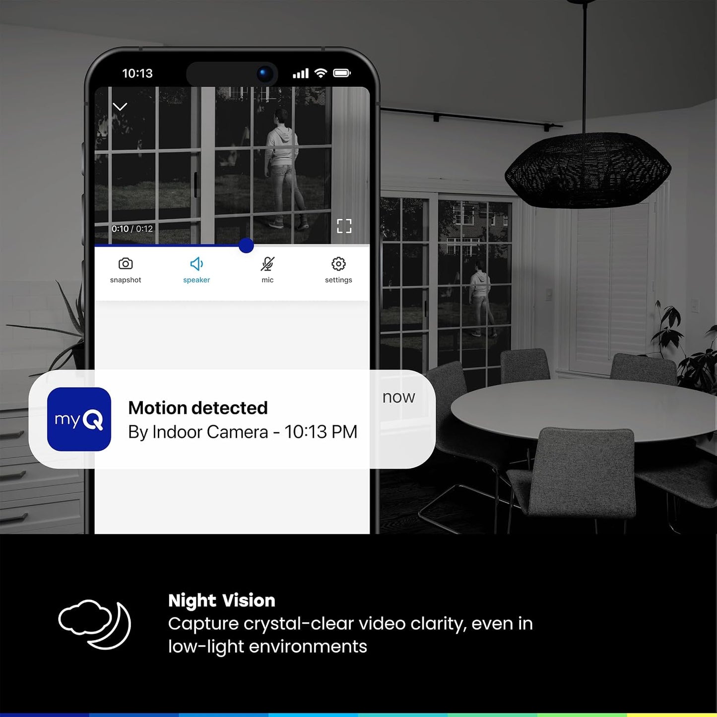 myQ Indoor Plug-in Security Camera Gen 2 – 2K Smart Wi-Fi Camera with Night Vision, Baby and Pet Monitor, Motion Detection and Alerts, 2-Way Audio & App Control