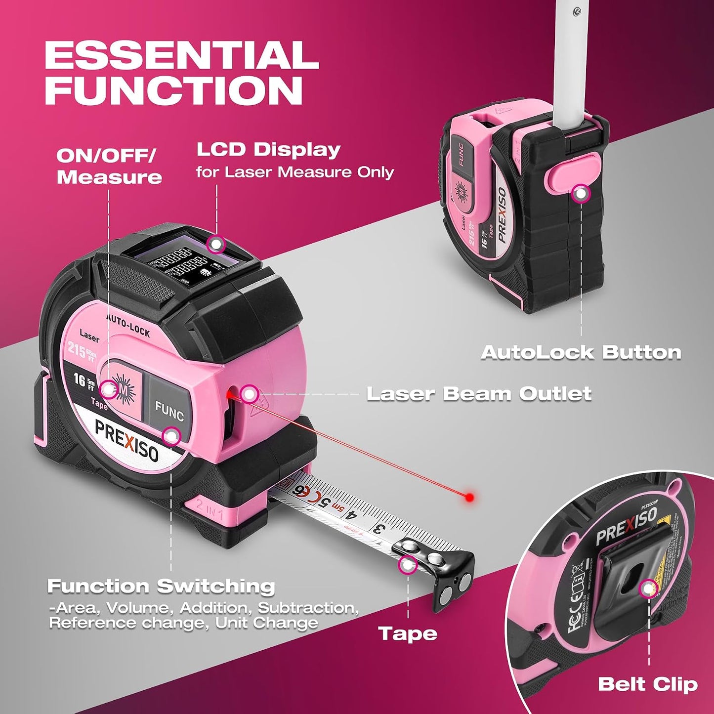 PREXISO 2-in-1 Laser Tape Measure, 215Ft Laser Measure & 16Ft Tape Measure | Laser Measuring Tool, Auto Lock & Magnetic Hook, Laser Measurement Tape, Pythagorean, Area, Volume, Ft/Ft+in/in/M NOT Digital