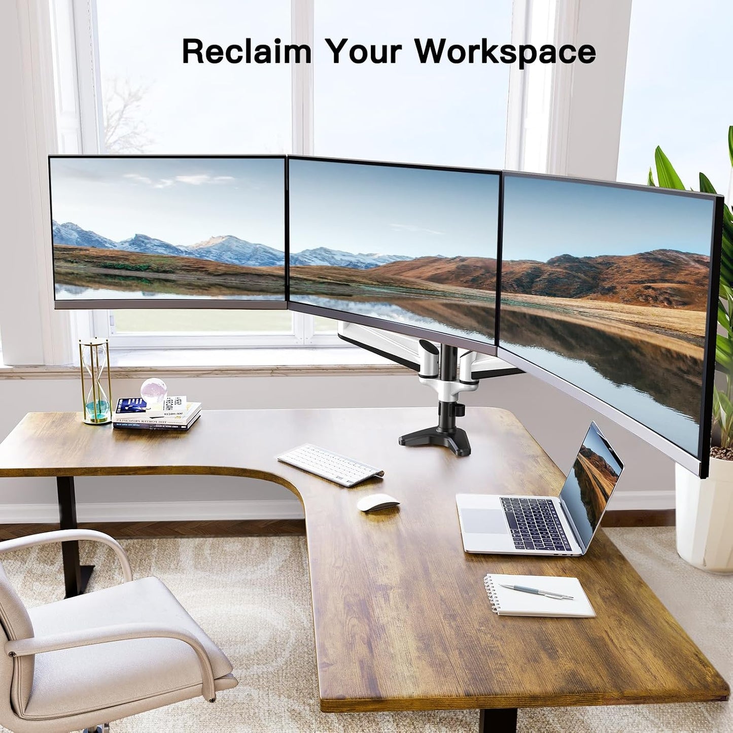 HUANUO Triple Monitor Stand - Full Motion Articulating Monitor Mount Fit Three 17 to 32 inch LCD Computer Screens with Clamp, Grommet Kit