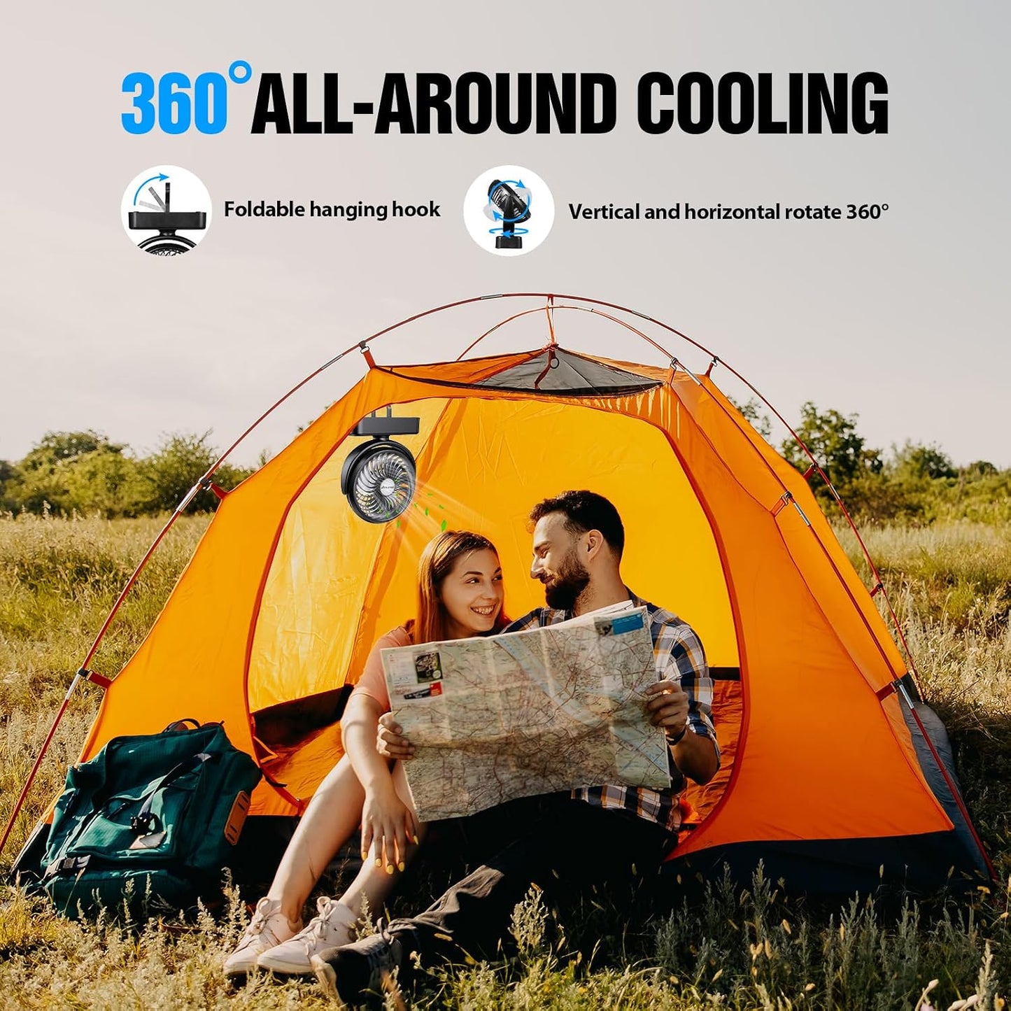 AMACOOL Portable Camping Fan with LED Lantern- 40H Work Time Rechargeable | Battery Operated Fan with Hanging Hook for Tent Car RV Hurricane Emergency Outages Survival Kit Camping Essentials Gear