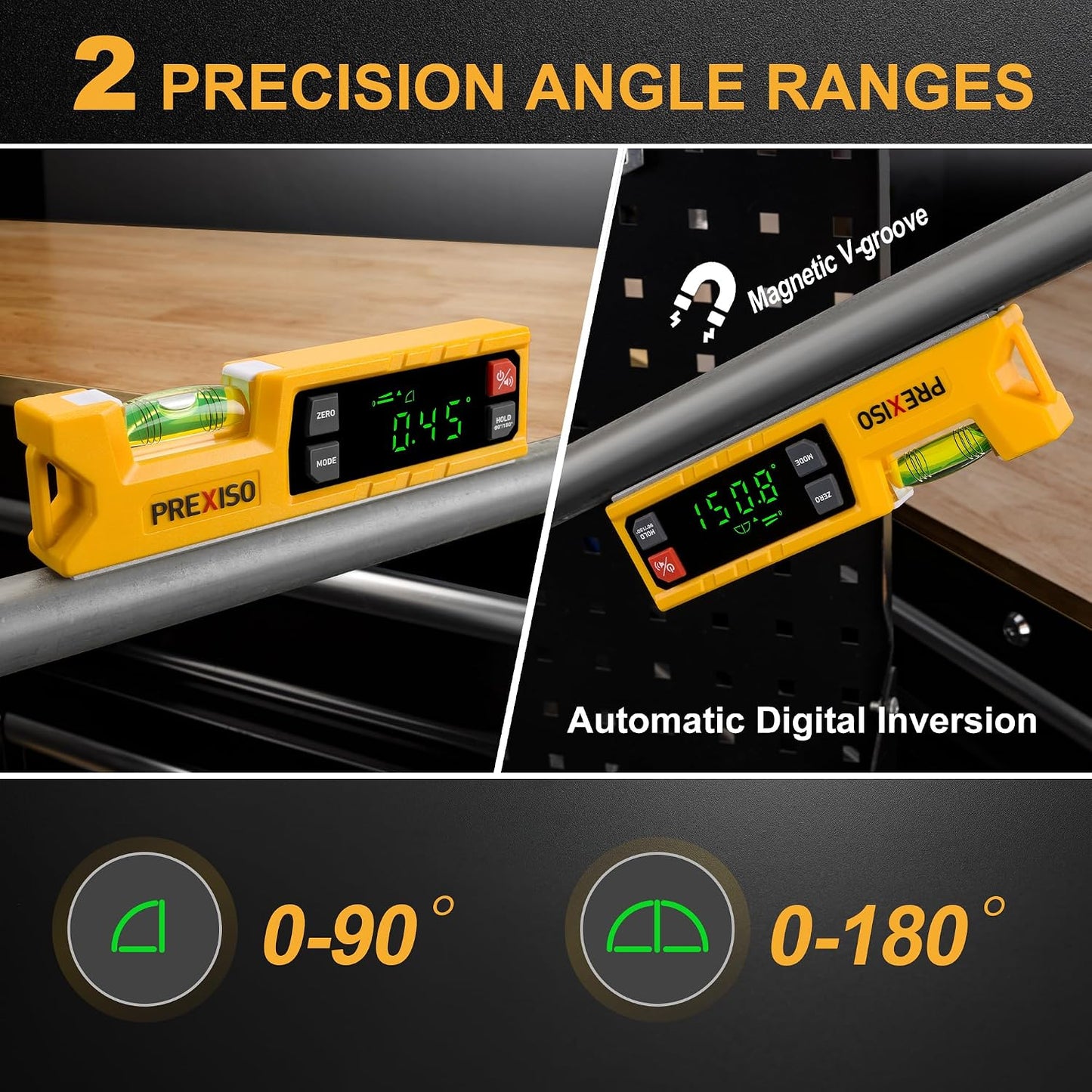 PREXISO Digital Level & Digital Protractor, 7" Angle Finder 0-90° & 0-180° | Electronic Bubble Inclinometer with Magnetic V-Groove & Audio Indicator for Woodwork, Saw & Home Drainage Leveling