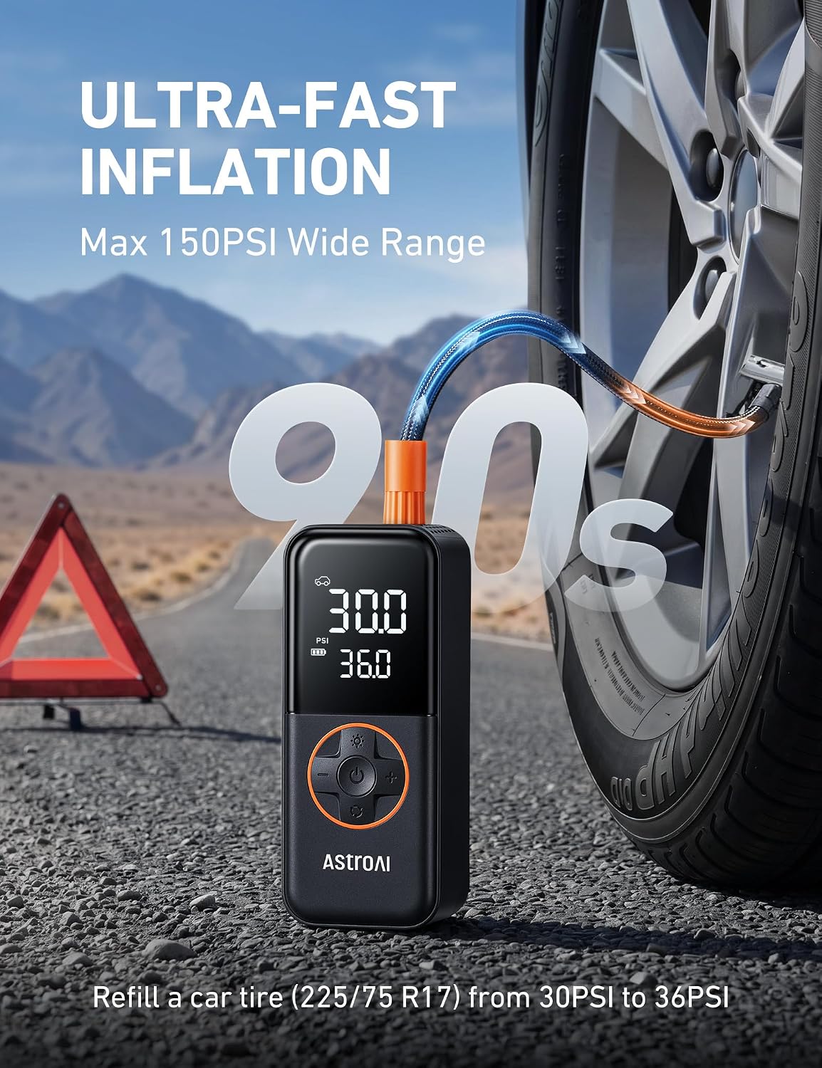 AstroAI L4 Cordless Tire Inflator Portable Air Compressor, 150PSI Portable Air Pump for Car Tires, Battery Electric Tire Pump with Pressure Gauge, Ultra-Fast Inflation for Cars,Motorcycles,Bikes,Balls