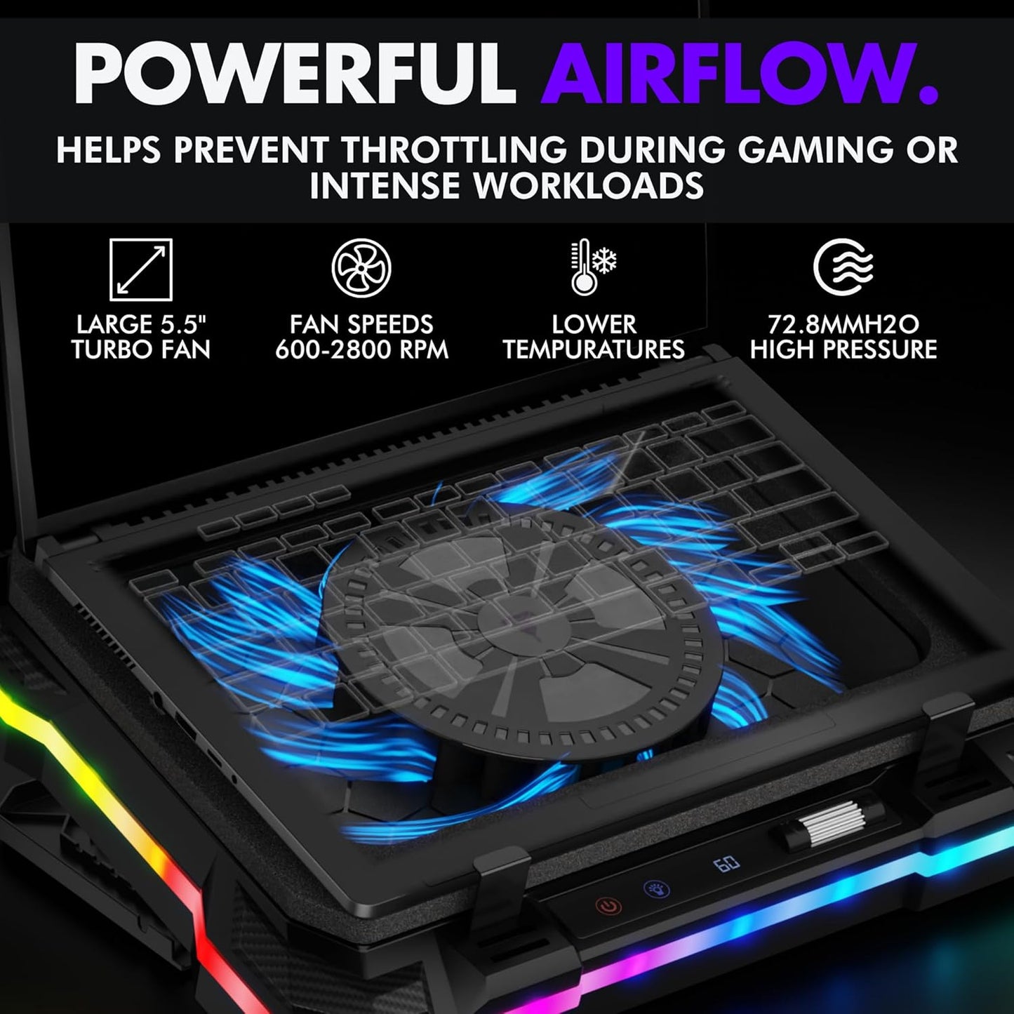 Tilted Nation Gaming Laptop Cooling Pad with USB Hub - Boost Performance, Stay Comfortable - RGB Laptop Cooler Stand with Adjustable Height & Fan Speed, RGB, USB (C + A) Hub, for 15.6" - 19" Laptops
