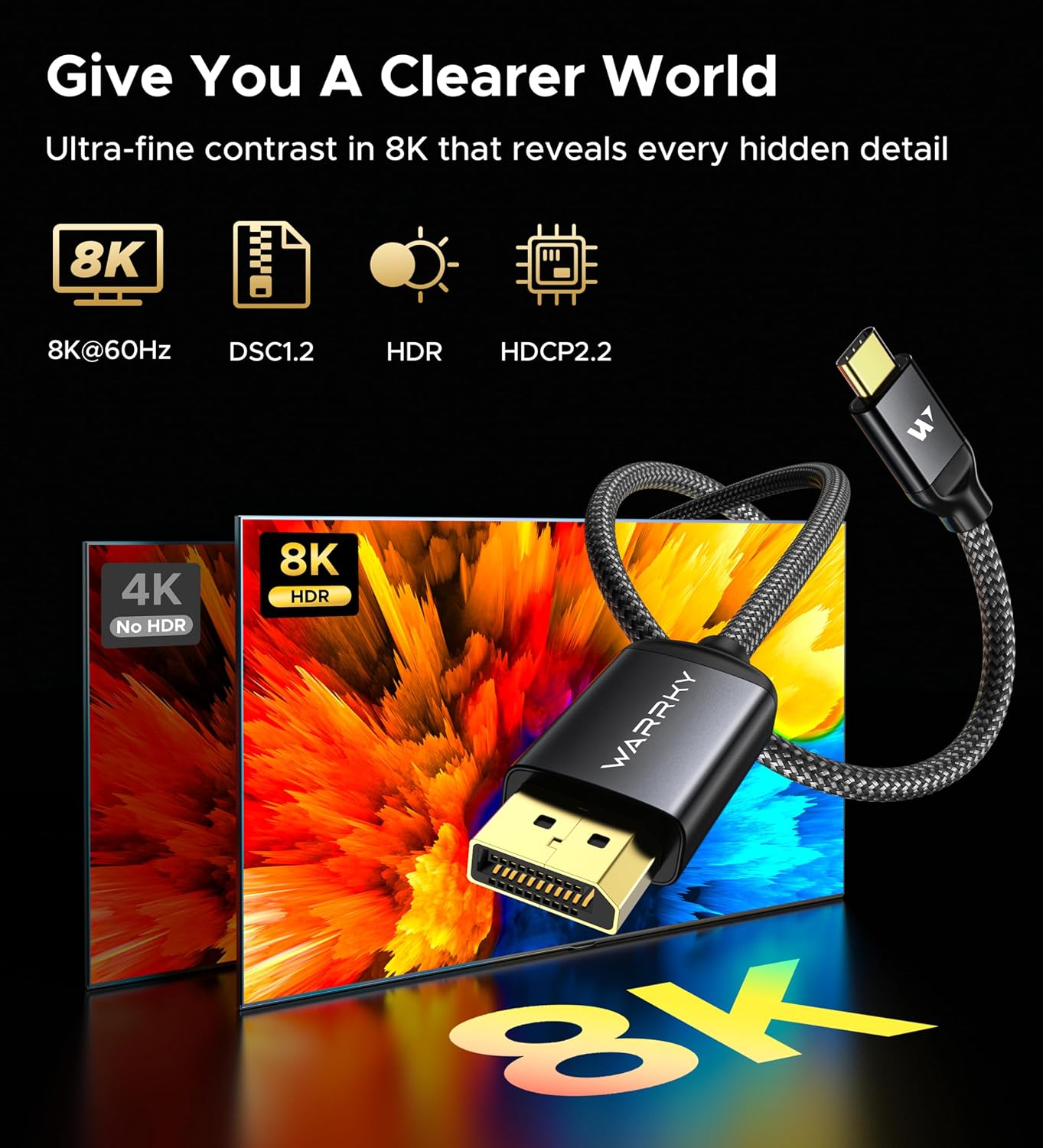 Warrky USB C to DisplayPort Cable 8K@60Hz 4K@240/144Hz [Gold-Plated Plug] | Aluminum Type-C to Display Port 1.4 Cord, Thunderbolt 5/4/3 Compatible with MacBook Pro/Air, iPhone 17 Pro, iPad, Galaxy -6ft