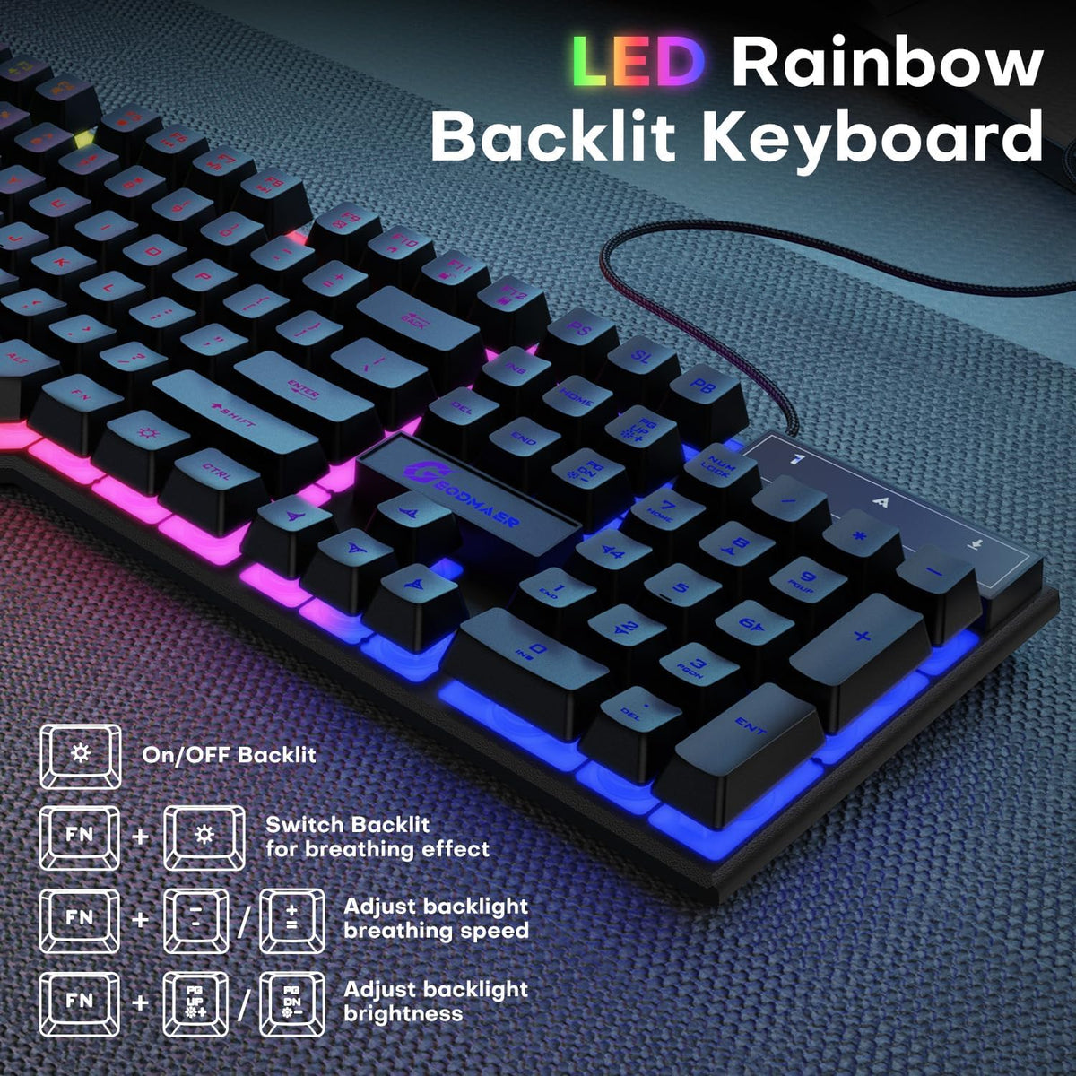 GEODMAER 104 Keys Gaming Keyboard, Full Size LED Backlit Wired Keyboard with Multimedia Keys, Anti-Ghosting, Spill-Resistant Membrane Gaming Keyboard for PC Laptop