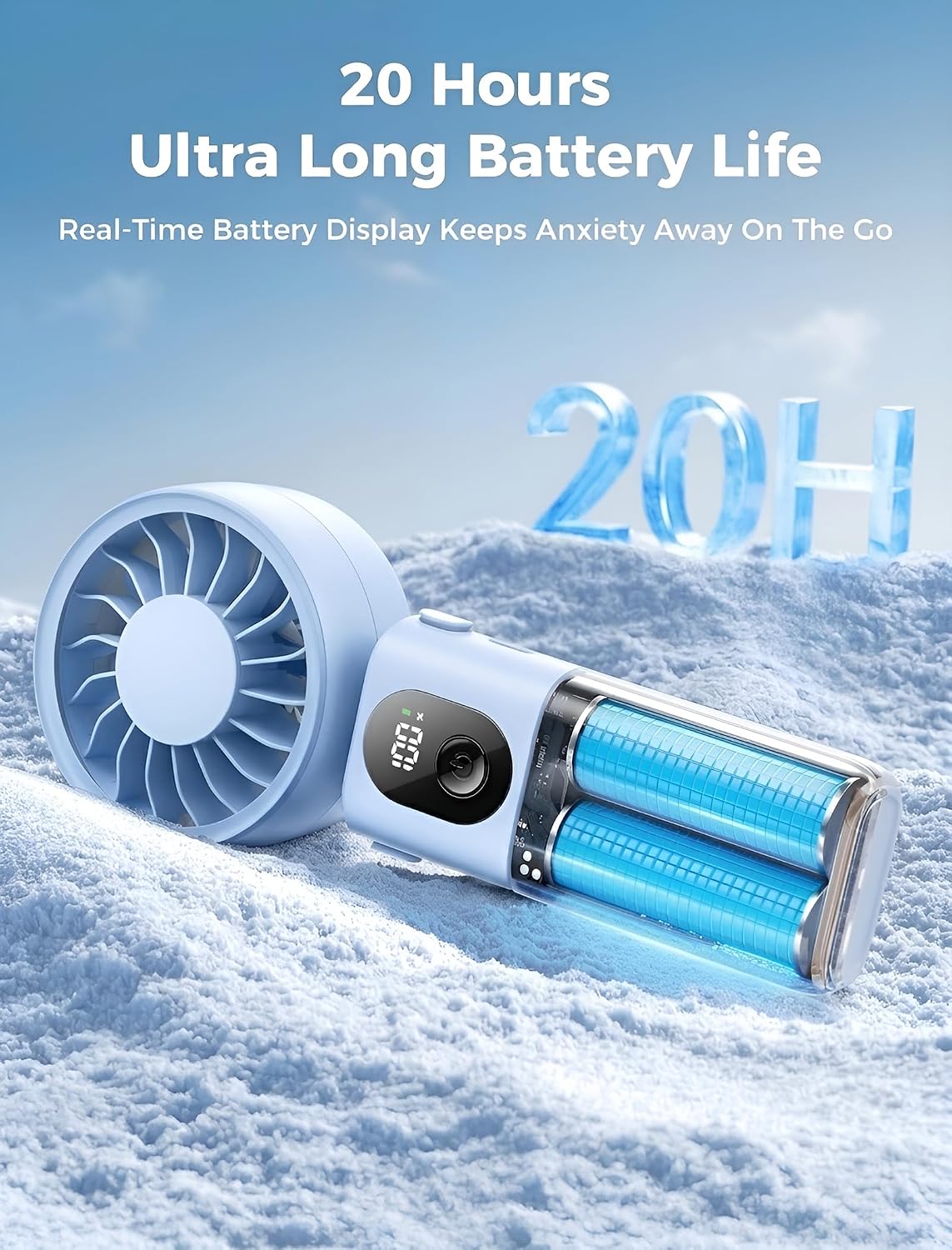 Aecooly Mighty Portable Handheld Fan | 20H Max Cooling | 3 Flexible Modes | 5 Speeds Wind | Battery Level Display | USB Rechargeable Mini Personal Battery Powered, Gifts for Women, Travel -Blue