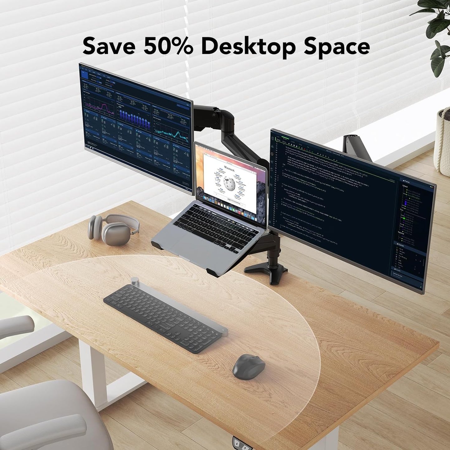 HUANUO Dual Monitor and Laptop Mount for Max 32” Monitor and 17” Laptop, Adjustable Arm with Tilt, Swivel and Rotation, Dual Monitor and Notebook Stand with VESA Bracket 75/100 mm