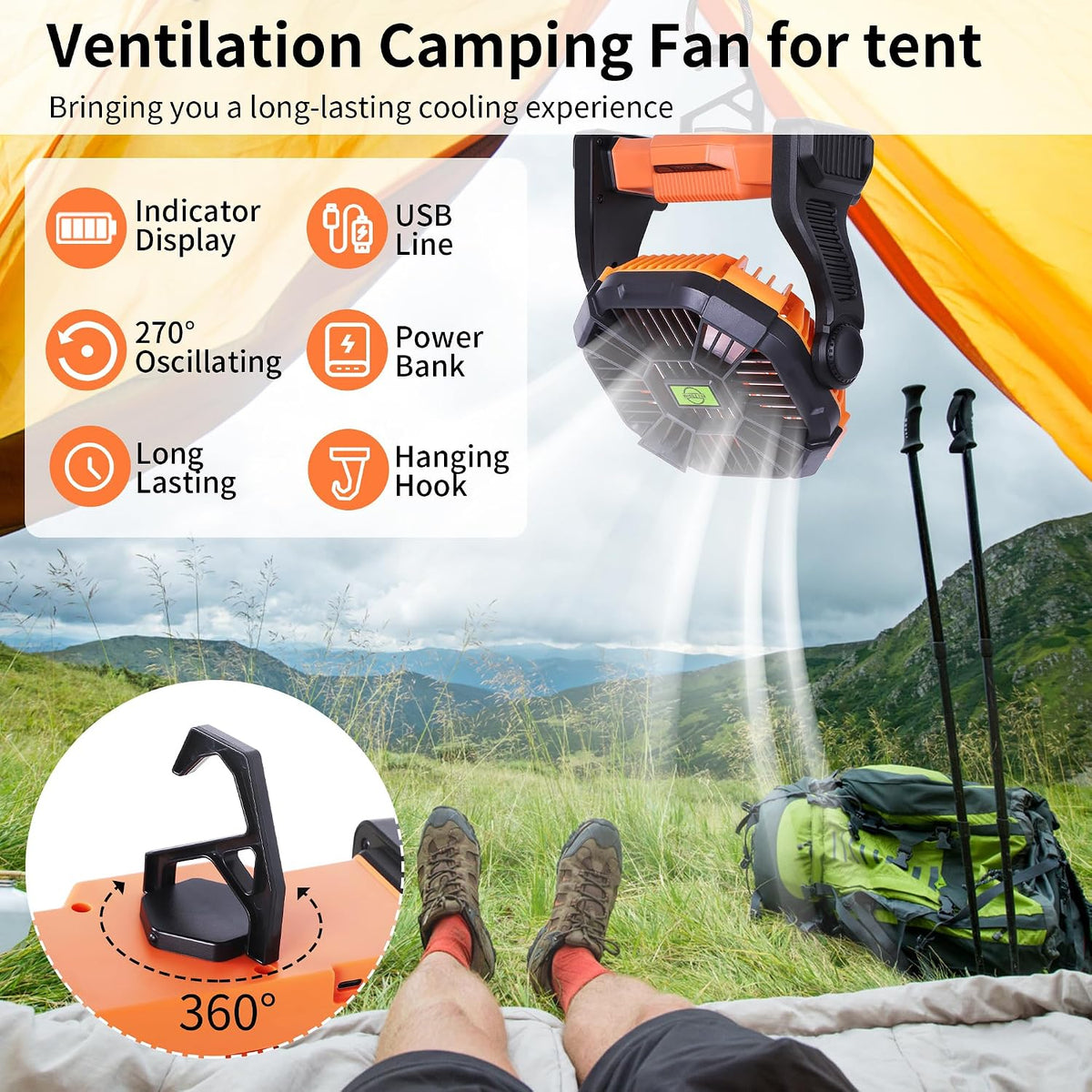 20000mAh Portable Fan Rechargeable Battery Powered Fan Camping Essentials | TDLOL Cordless Rechargeable Battery Operated Camping Fan with Light & Hook,USB Personal Fans Outdoor Beach Tent Travel Desk