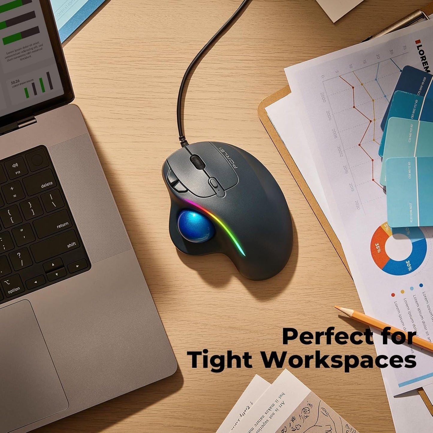 Wired Trackball Mouse with RGB Lighting, Ergonomic Thumb Control to Reduce Muscle Strain, 5 Adjustable DPI, Dual USB-C & USB-A Connectivity, Compatible with PC, Laptop, Mac, Windows-Blue