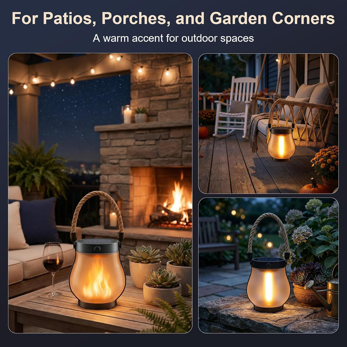 Solar Lanterns Outdoor Waterproof 4-Pack, Flickering Flame Effect | Rechargeable lanterns with USB-C charging, a decorative hanging design, and dusk-to-dawn use for patios, porches and gardens