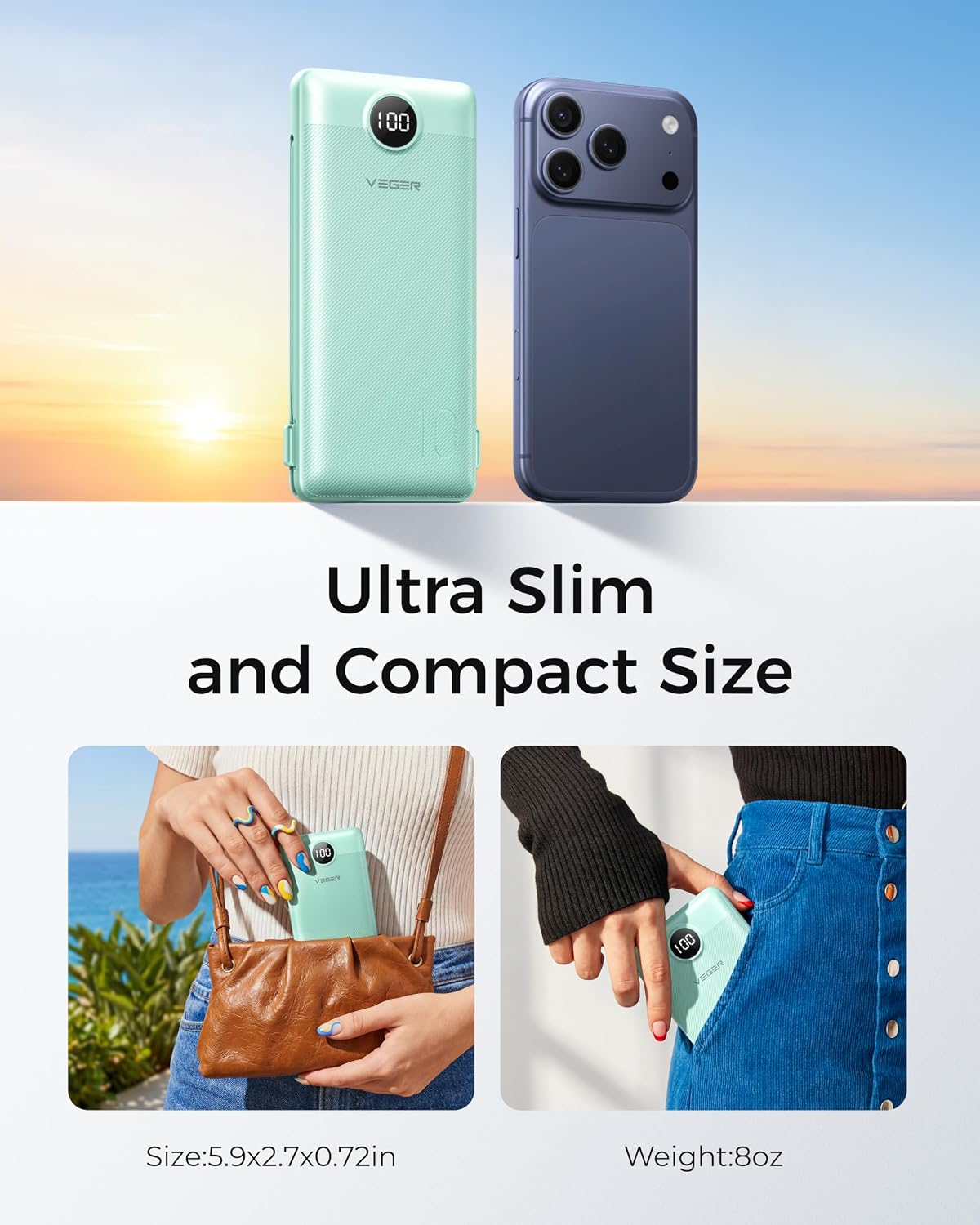 VEGER Power Bank, Travel Portable Charger Built in Wall Plug and Cable | 10000mAh,Ultra Slim&Compact,5 Outputs,LED Display,Flight-Safe,Travel Essentials Battery Pack for iPhone 17,iPad, Samsung,etc