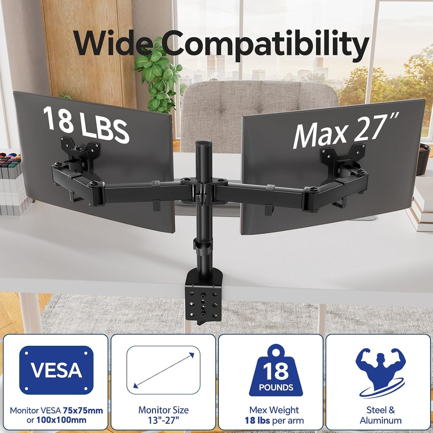 Simple Trending Dual Monitor Stand, Monitor Arm, Heavy Duty Adjustable Monitor Desk Mount for 2 Screens up to 27 Inches, (Black)