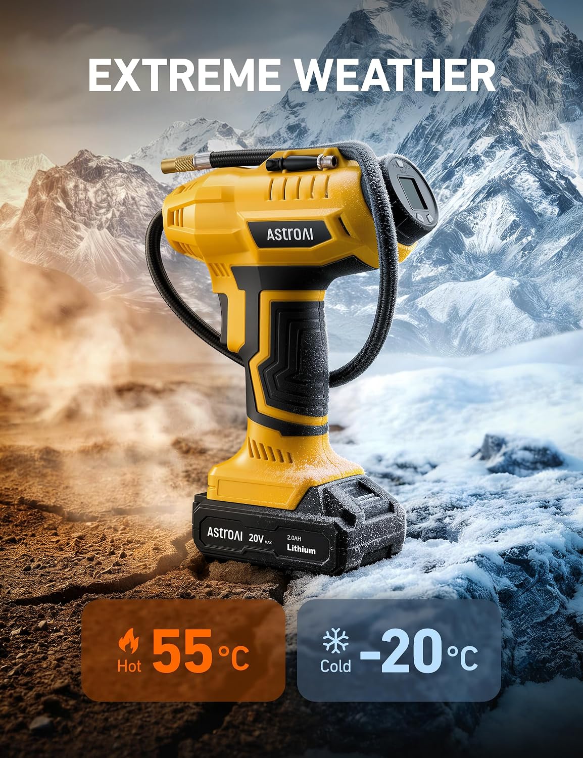 AstroAI Cordless Tire Inflator Portable Air Compressor 160PSI 12VDC Battery | Dual Power Supply Auto Shut-Off Digital Pressure Gauge Fast Inflation Air Pump for Cars Motorcycles Bikes Ball Gift Yellow