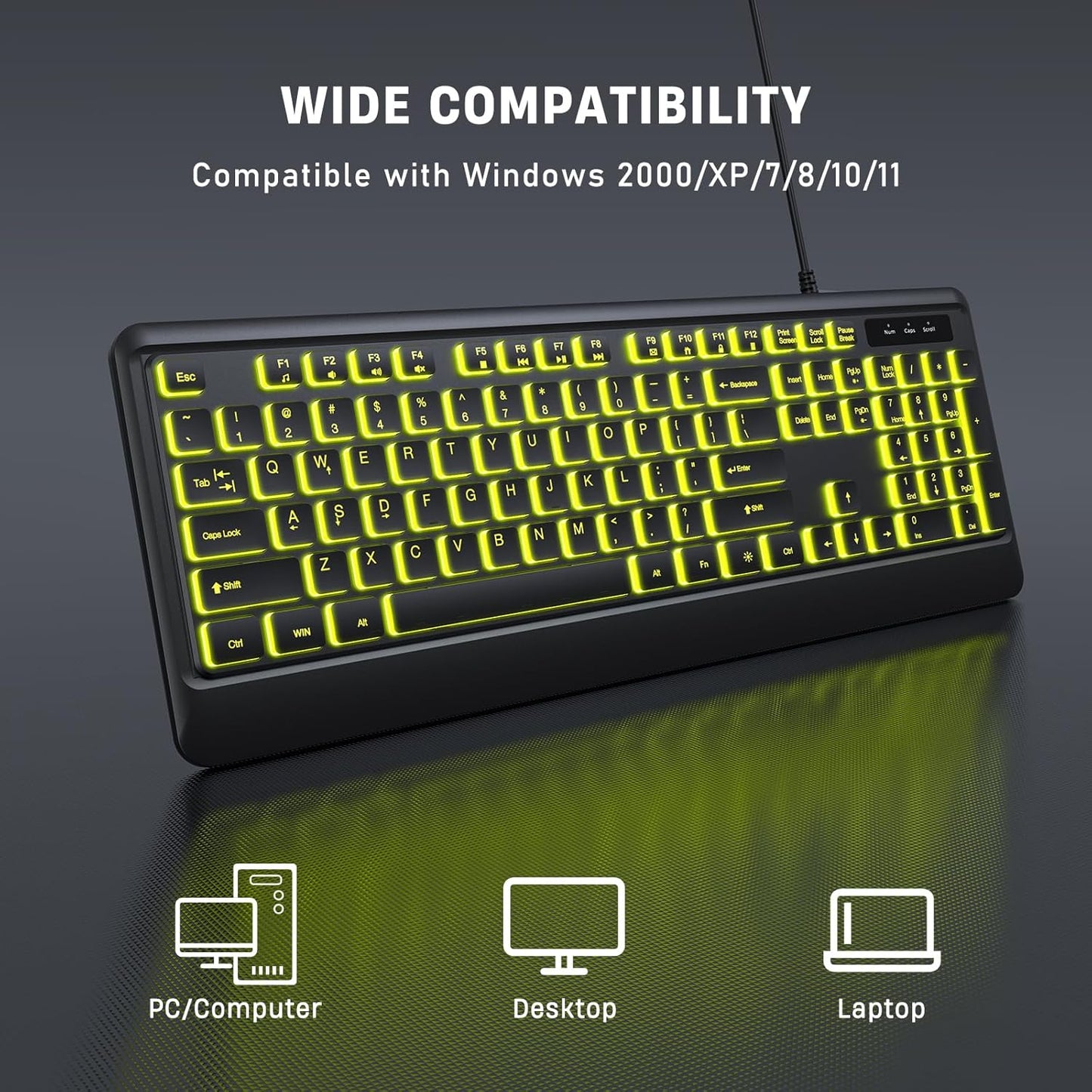 Luzarriba Backlit Computer Keyboards, Wired USB LED Keyboard with 7 Colors Backlight, Plug and Play, Waterproof, Full Size Quiet Computer Keyboard for Windows Desktop, PC, Laptop, Gaming