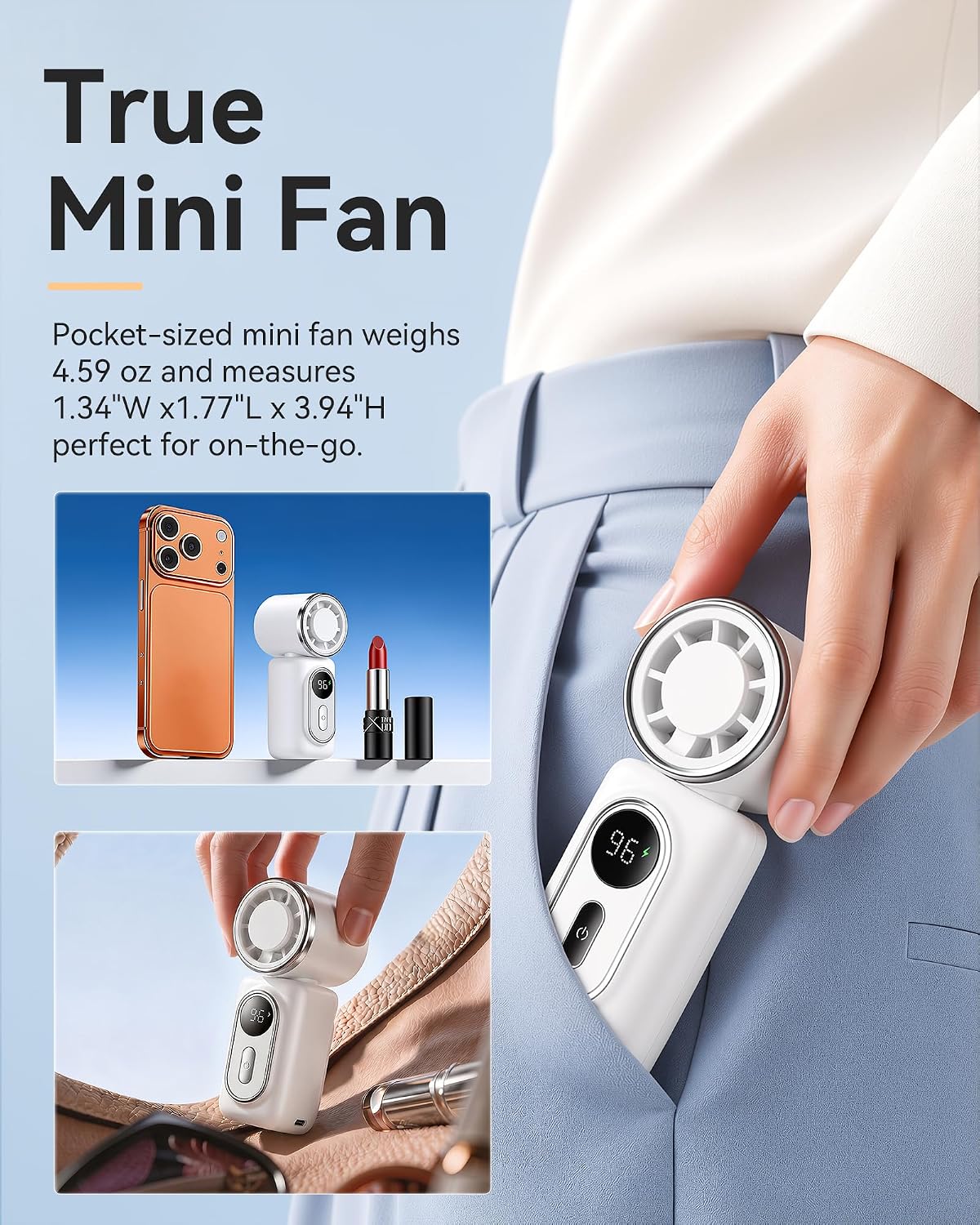 Mini Clip on Fan Handheld, 3000mAh Rechargeable Portable Fan with LED Display, 3-in-1 Personal Cooling Fan, 2 Speeds Quiet USB C Fan for Stroller Desk Travel Camping Office for Women Men Kids, White