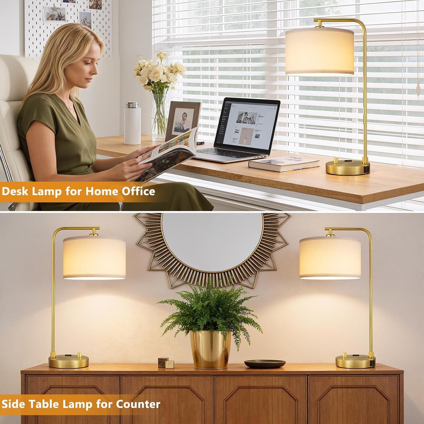 Gold Bedside Lamps Set of 2, Fully Dimmable Lamps for Night Stands, USB A+C | Modern, Linen Lampshade, USB Port and Outlet, Tall Desk Lamps for Bedroom, Nightstand, Living Room, Home Office, End Table