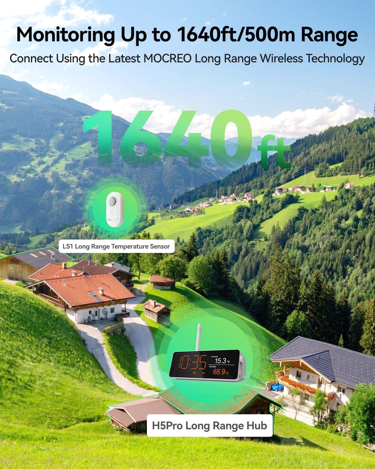 MOCREO WiFi Remote Refrigerator Thermometer, 1/3 Mile Long Range Freezer Alarm, IP66 Waterproof, App Email Alert, with Digital Monitor Hub, 1 Smart Wireless Temperature Sensor for Kitchen, Fridge, RV