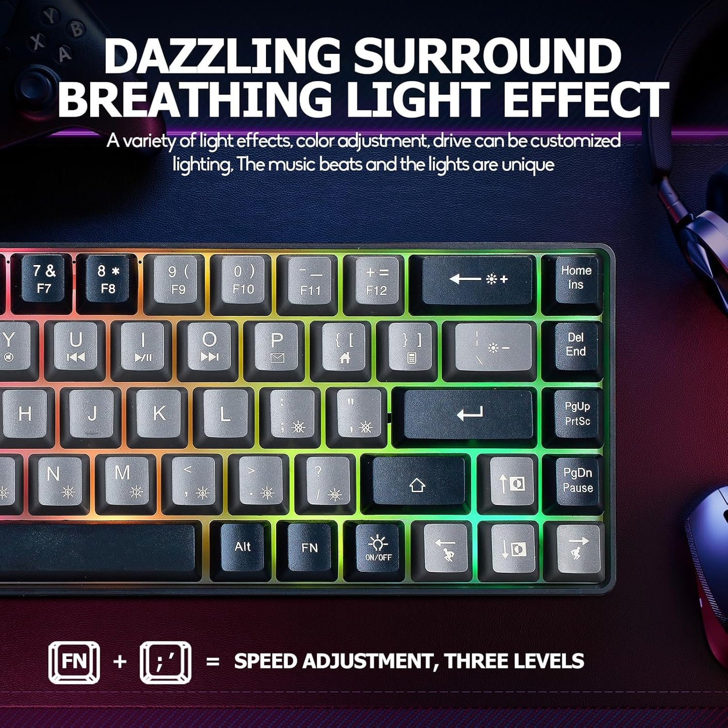 Guiheng Wired Portable 60% Mechanical Gaming Keyboard,RGB LED Backlit Compact 68 Keys Mini Wired Office Keyboard with Red Switch for Windows Laptop PC Mac -Grey and Black