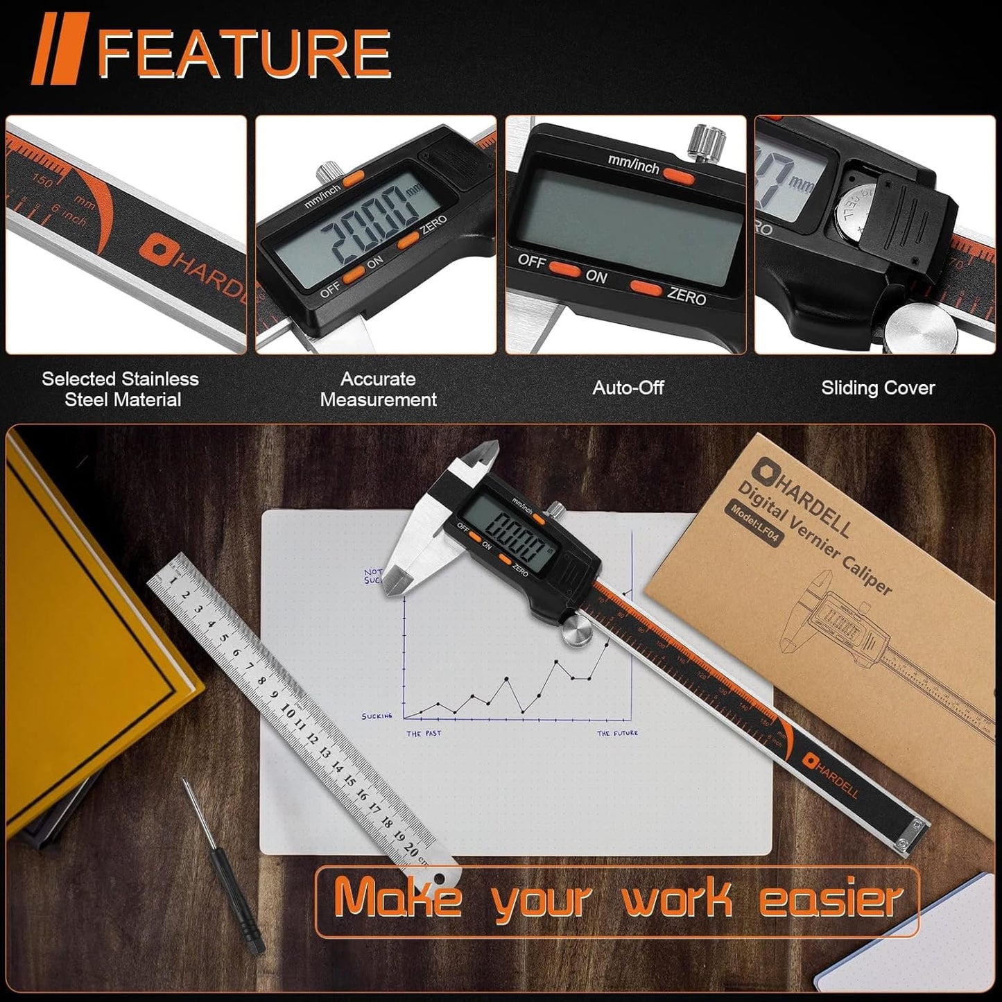 HARDELL Digital Caliper 6 Inch Large LCD Screen Calipers Measuring Tool | Auto-Off Feature, Inch/Millimeter Conversion, Electronic Vernier Caliper Micrometer for Jewelers/Woodworkers/DIY