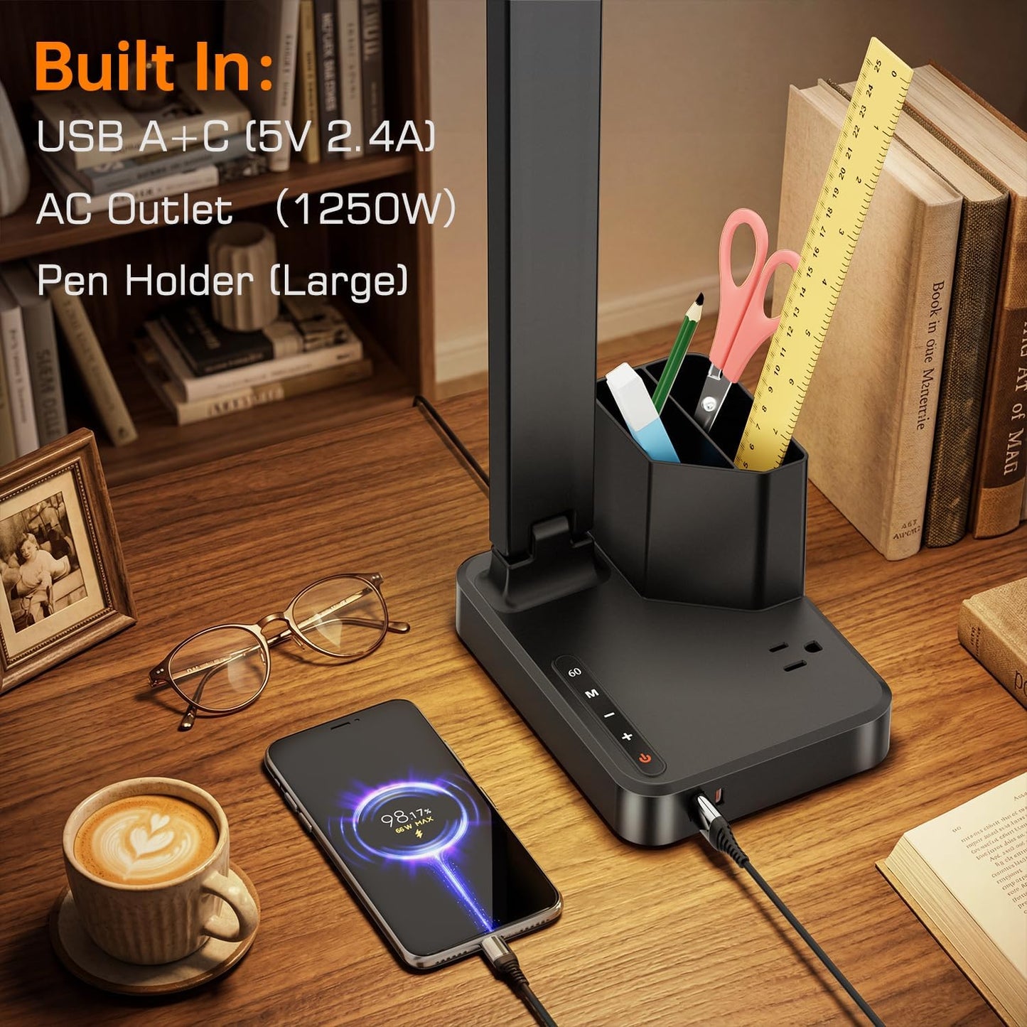 LED Desk Lamp USB A/C AC Pen Holder Dorm Home Office Desk Light Black | Adjustable LED Desk Light with USB A/C, AC Outlet, Pen Holder; Small Desk Lamp for Dorm, Study, Craft & Home Office