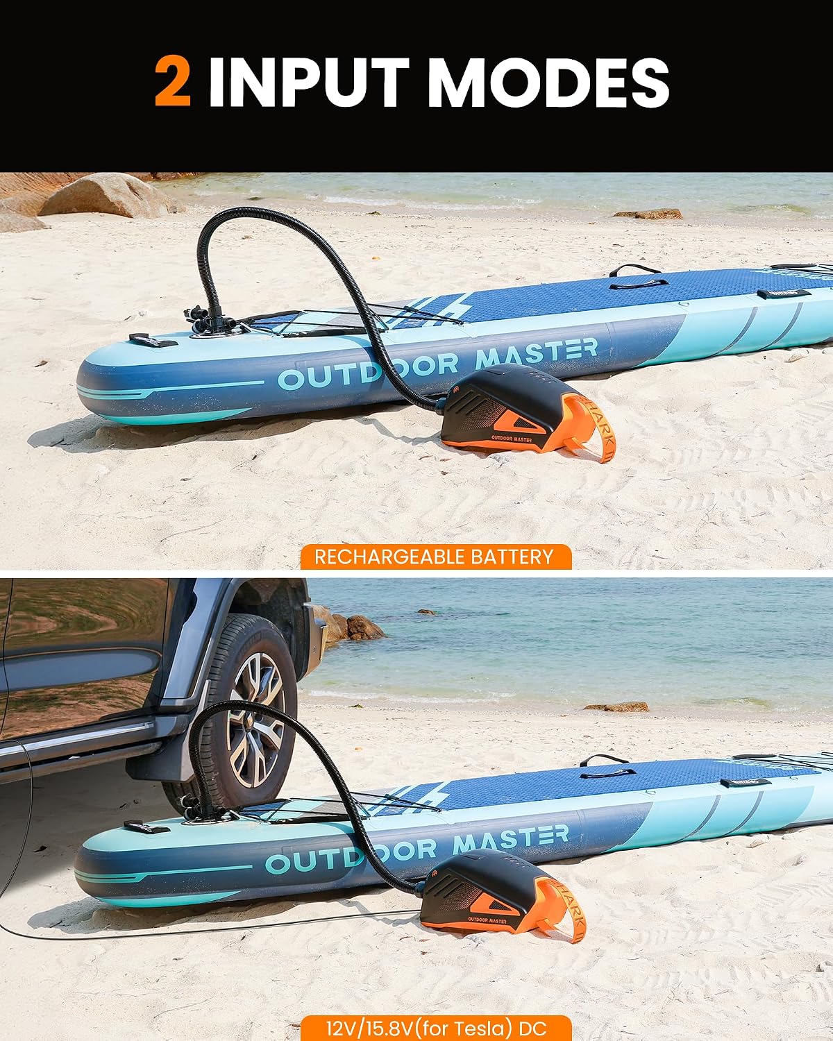 OutdoorMaster Shark 3 Paddle Board Pump Electric 74Wh- 3'50" Fast Inflation | 74Wh Rechargeable SUP Air Pump, One Charge for 4 SUPs,12V/15.8V DC Input, Digital Display, 20PSI, Auto-Off, 8 Nozzles