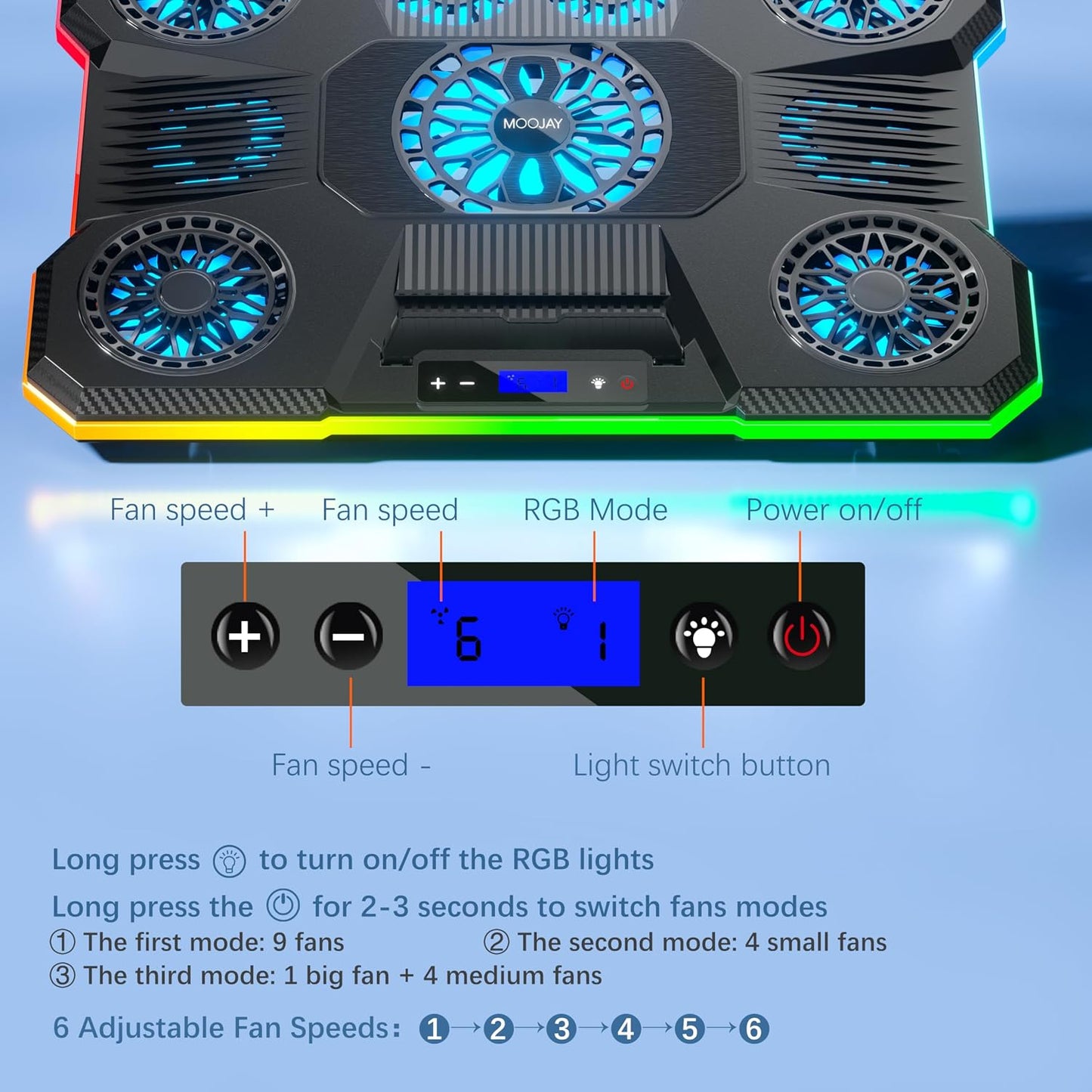 Laptop Cooling Pad, MOOJAY Laptop Cooler with 9 Quiet Fans for 14-19 Inch Notebook Computer, Gaming Laptop Fan Cooling Stand with 6 Adjustable Speeds and 10 RGB Light Modes, 2 USB Ports & Phone Holder
