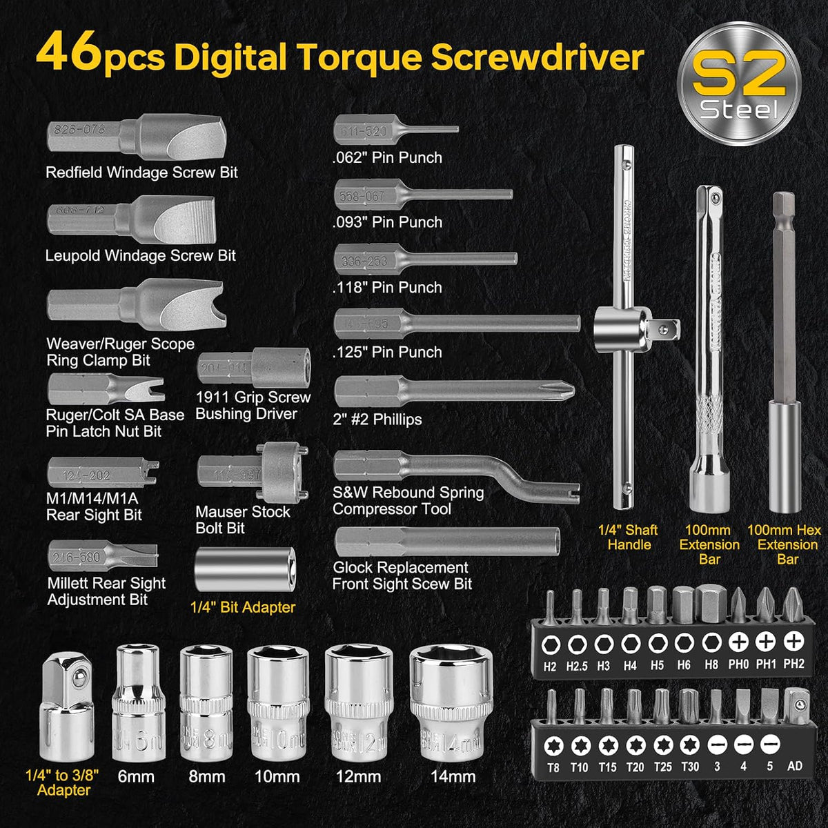 46-Pc Digital Torque Screwdriver, 3.5-70.8 in-lb, ±1% Precision Electronic Torque Screwdriver Set with Buzzer & LED, 1/4" Inch Pound Torque Driver with S2 Bits for Bike Repair & Scope Mounting