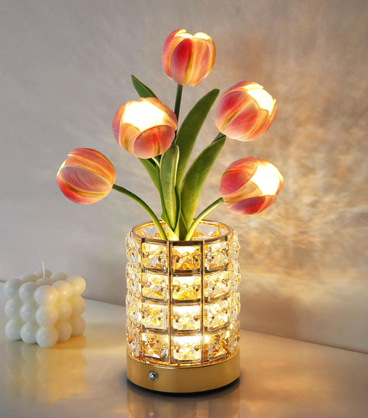 Handmade Flower Lamp,Rechargeable Cordless Touch Table Lamp,3-Colour Infinitely Dimming Small Night Light,Festival Restaurant Bedroom Bar Coffee Shop Birthday Gifts for Women Mom, Tulip Flower