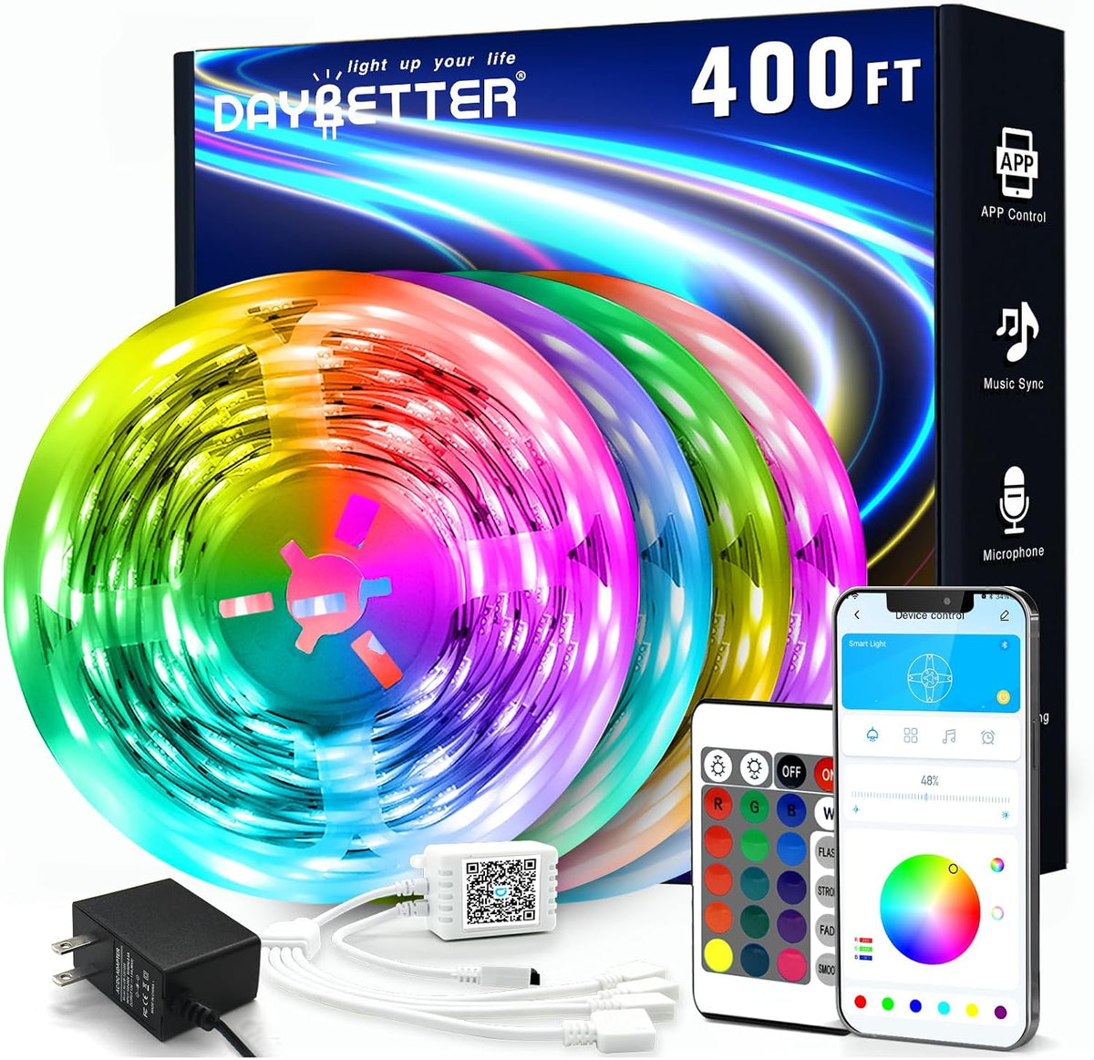 DAYBETTER LED Strip Lights 130 ft (2 Rolls of 65.6ft), LED Lights Smart App Control Lighting Bedroom Rome Decor with Remote, RGB Music Sync Color Changing LED Lights for Bedroom Party