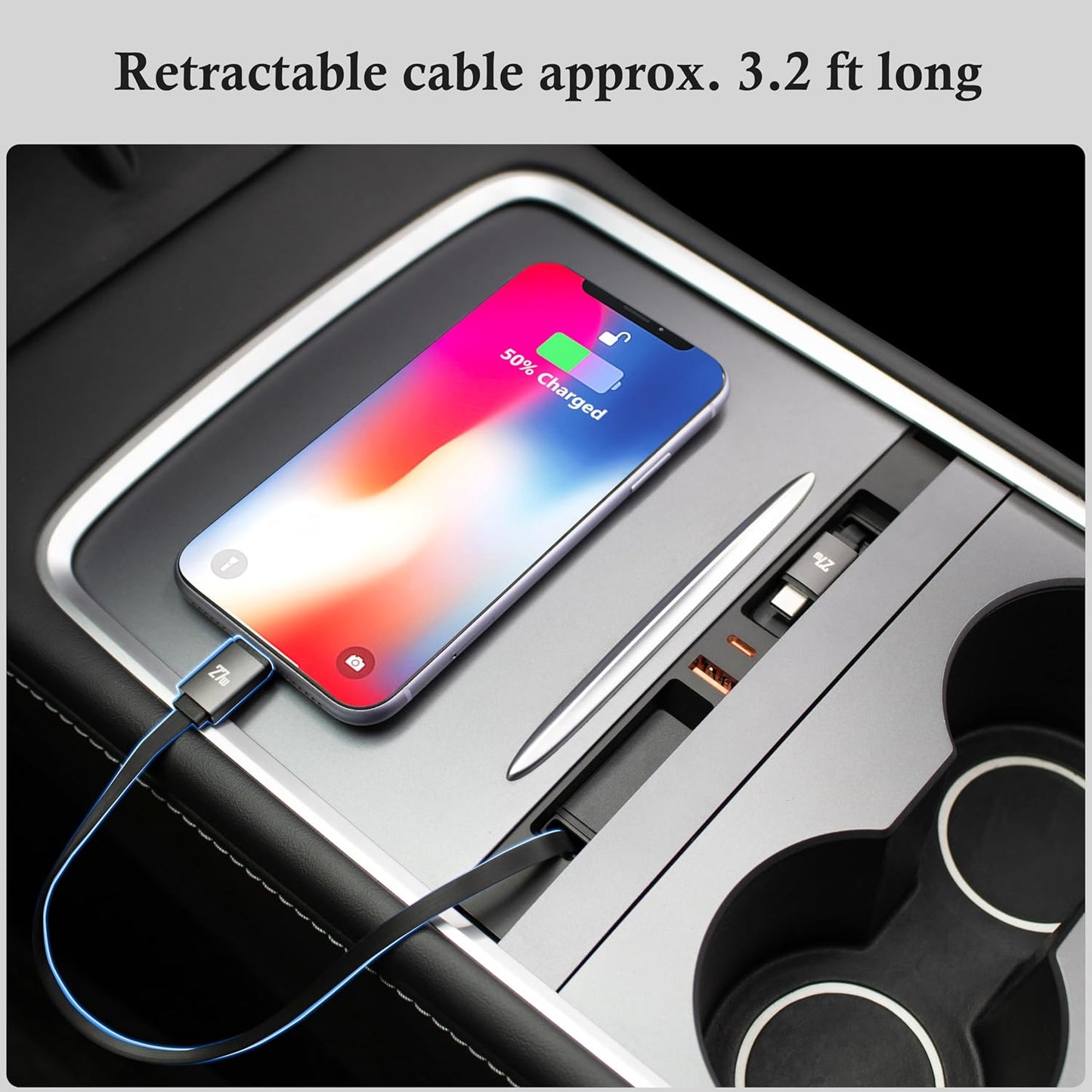 USB Hub Charger for Tesla Model Y 2021-24 & Model 3 2021-23 with Two Cables | Center Console with Two 27W Type-C Fast Charging Retractable Cables Phone Charger Docking Station Accessories, Seamless Fit