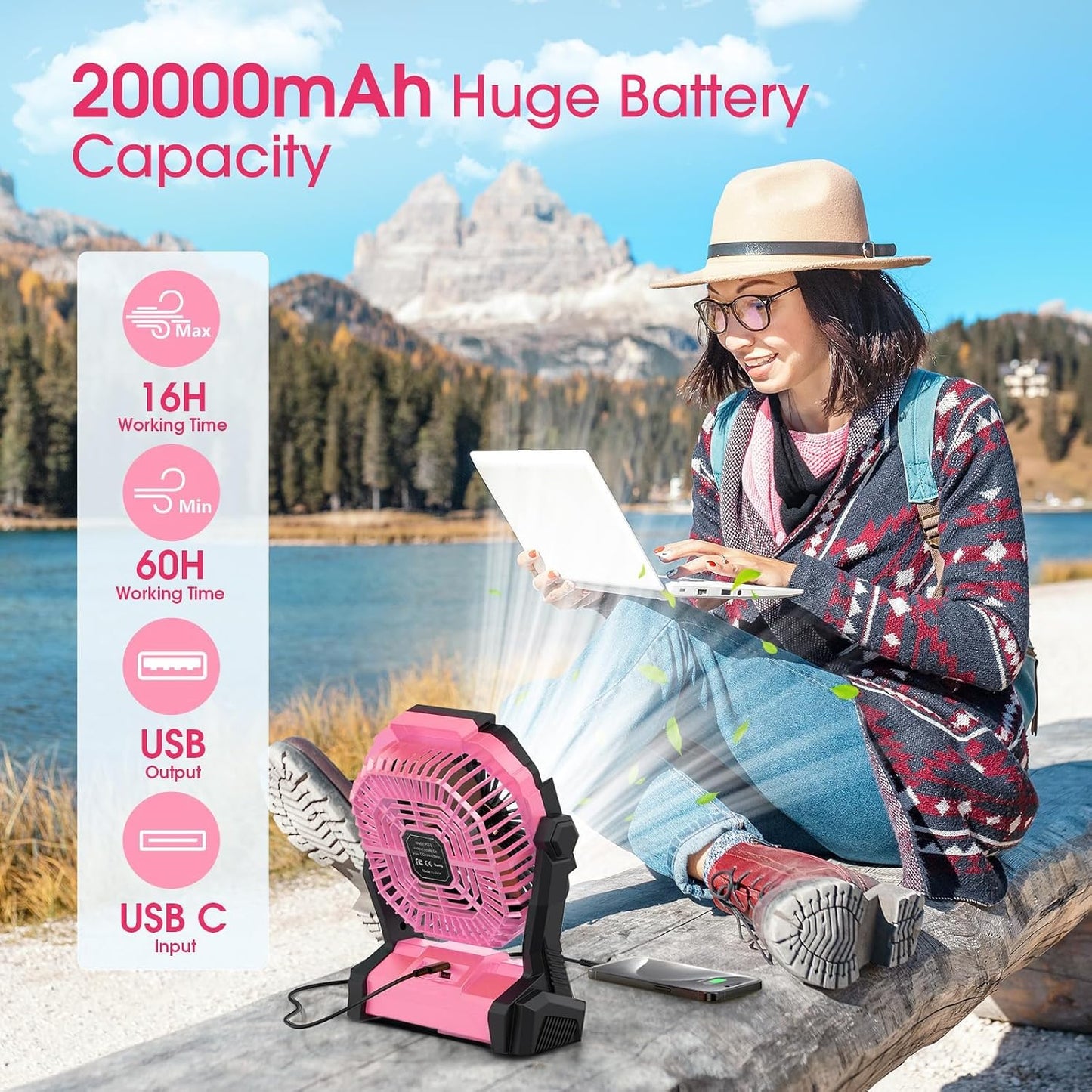 Portable Fan Rechargeable 20000mAh Cordless Battery Powered Camping Fan | with LED Lantern, Small Table Fan, USB Battery Operated Fans for Travel Bedroom Home Camping Tent Office Beach Desk Pink