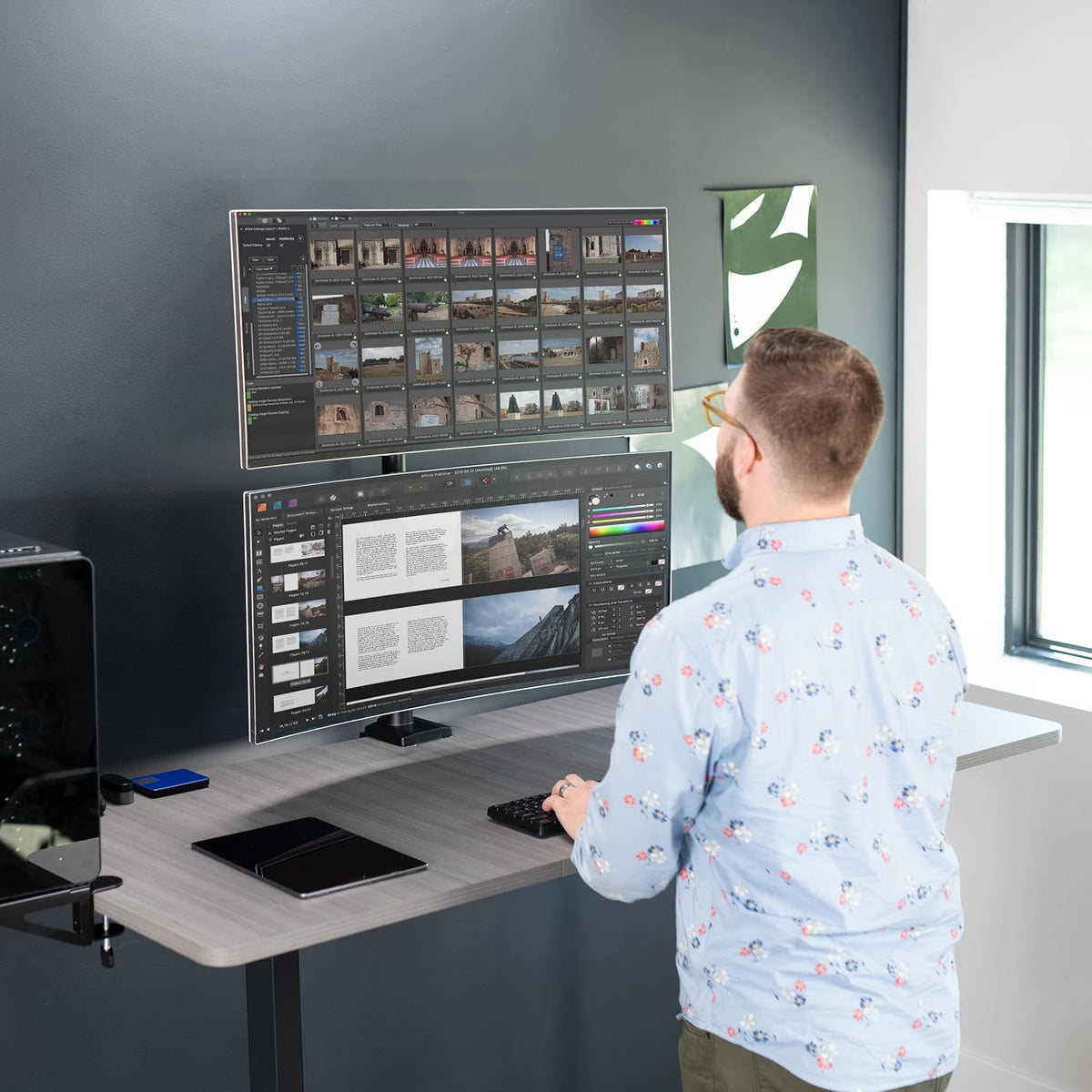 VIVO Dual Vertically Stacked Ultra-Wide Monitor Desk Mount with Extension Arms, Extra Tall Heavy Duty Adjustable Stand for 2 Ultrawide Screens up to 43 inches, 50 lbs Capacity, Black, STAND-V202T