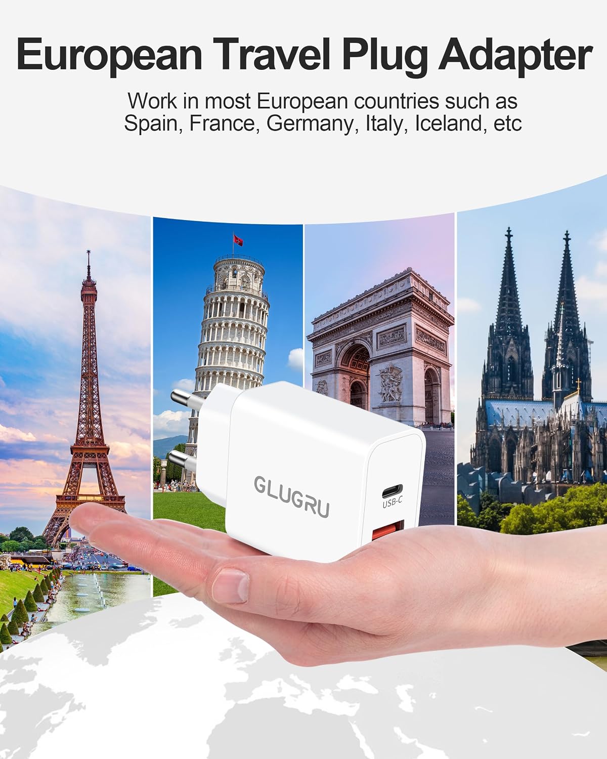 European Travel Plug Adapter, GLUGRU 2Pack 20W Dual Port USB C Wall Charger | Type C Fast Charging Block,International Power Adapter,US to Europe Travel Essentials,for iPhone 17 16 15 14 13 iPad Android
