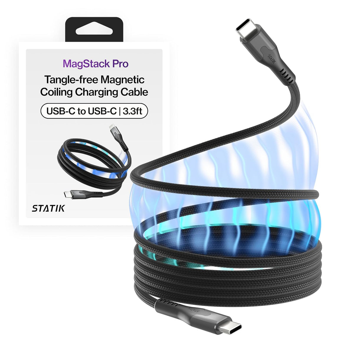 Statik MagStack Pro USB C to USB C Coiling Magnetic Charging Cable,100W | Nylon Braided Tangle-Free Design, Magnetic Coiling, Data Transfer, Compatible with iPhone & Android, 3FT Black