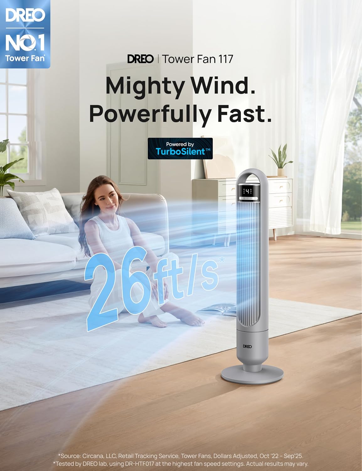 DREO Tower Fan for Bedroom, 26ft/s Velocity, 90° Oscillating, 8H Timer | 4 Speeds, 3 Modes, 28dB Quiet Standing Fan, Floor Fan for Room, Living Room, Office, Home, Cooling Fan with Remote, Grey