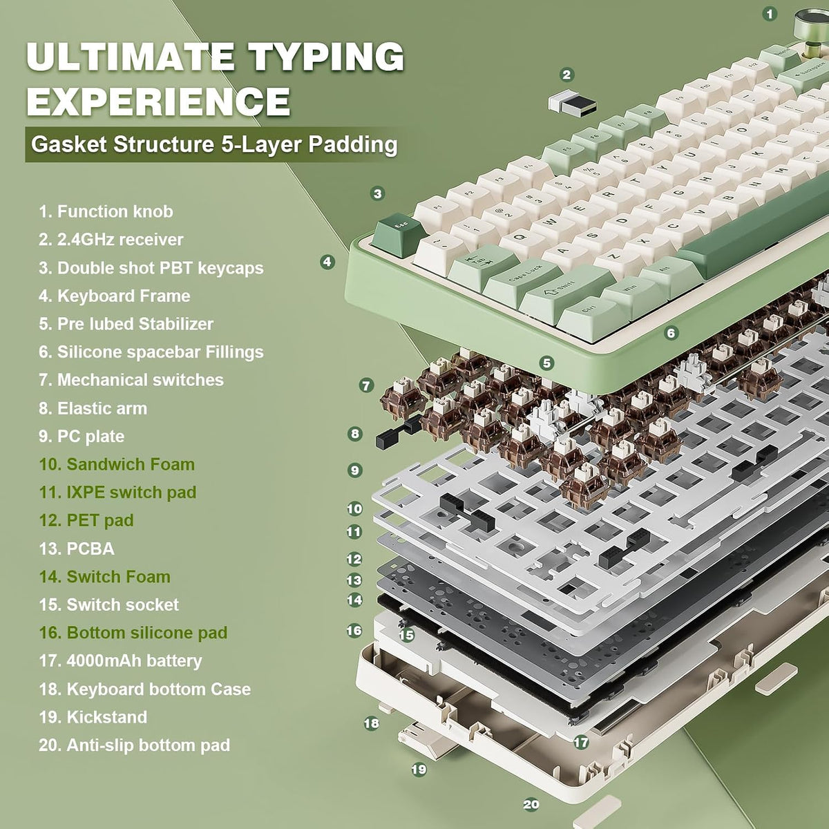YUNZII B75 PRO 75% Wireless Mechanical Keyboard(Matcha Green,Cocoa V2) | Hot Swap Keyboard with Knob, Gasket Mount, Creamy Pre-lubed Switch for Smooth Typing, BT/USB-C/2.4G, for Gaming