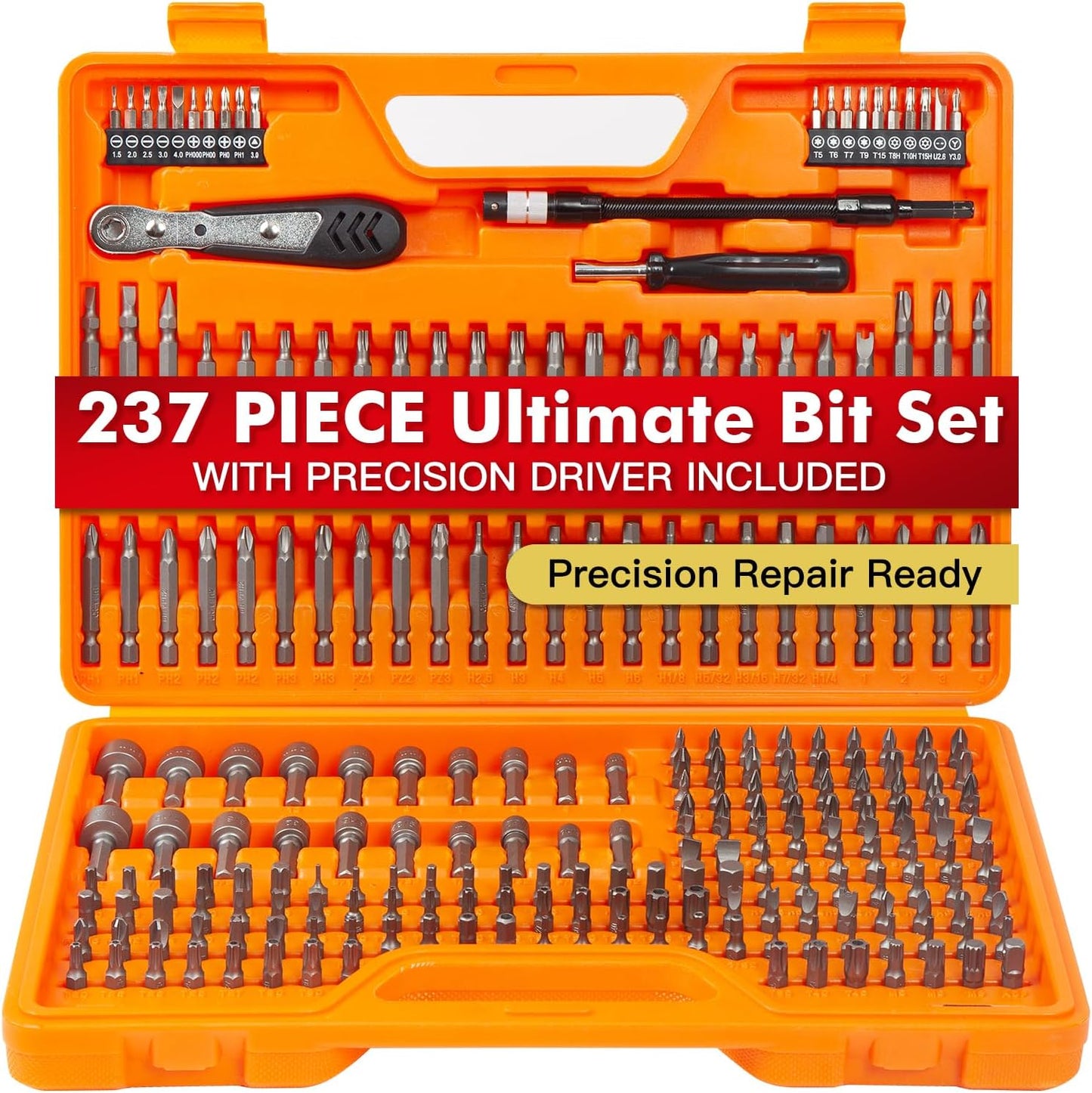 237-Piece Screwdriver Bit Set with Ratchet & Security & 20 Precision Bits | Chrome vanadium steel. Includes standard, security & 20 precision bits + dedicated handle. For home, auto, electronics