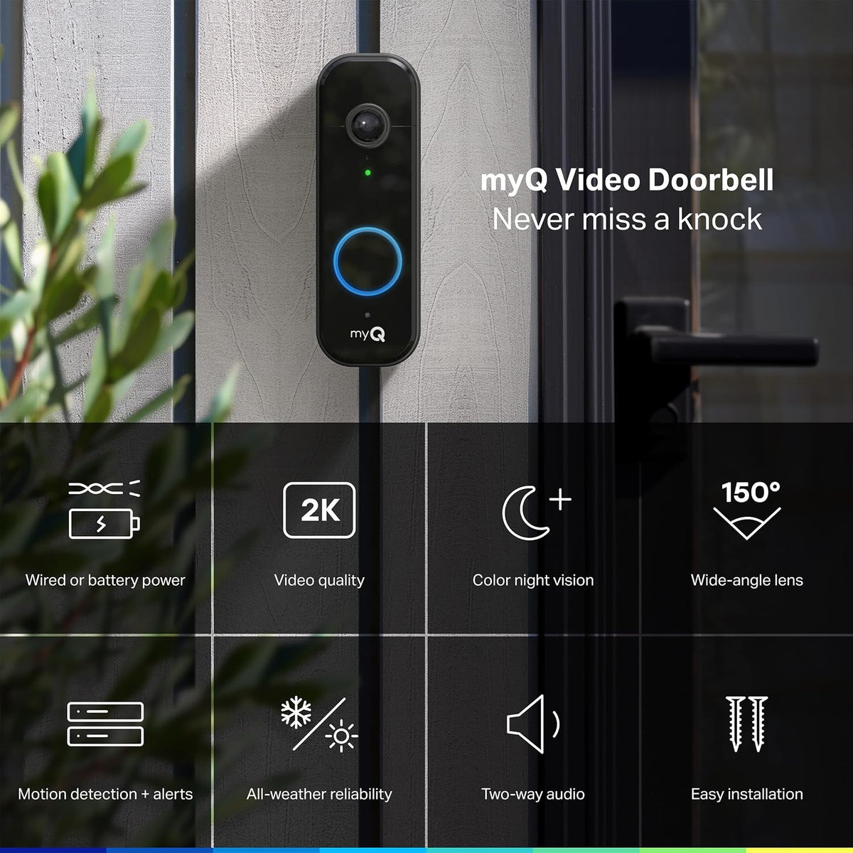 Chamberlain myQ Video Doorbell | 2K Camera, Battery/Wired, Color Night Vision, Live with 2-Way Talk, Motion Detection & Real-Time Alerts, 150 Deg Wide View, Black