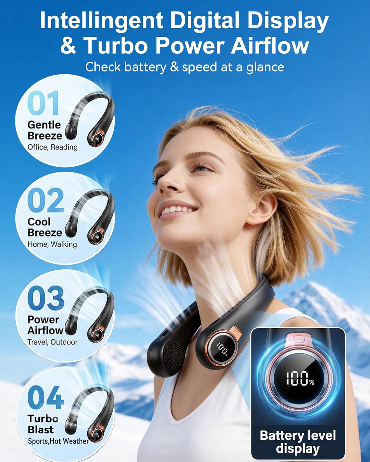 BNBZ Portable Neck Fan, 6000mAh Rechargeable Fan Blows Cold Air with LED Display, 4 Speeds, 20H Runtime, Quiet Wearable 360° Personal Cooling Fan for Outdoor Travel Work Gym Gift for Women Men-Black