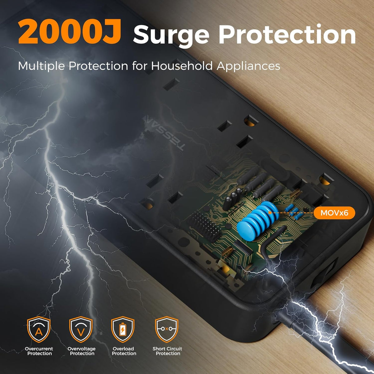 TESSAN Power Strip Surge Protector, 5FT Flat Plug Extension Cord