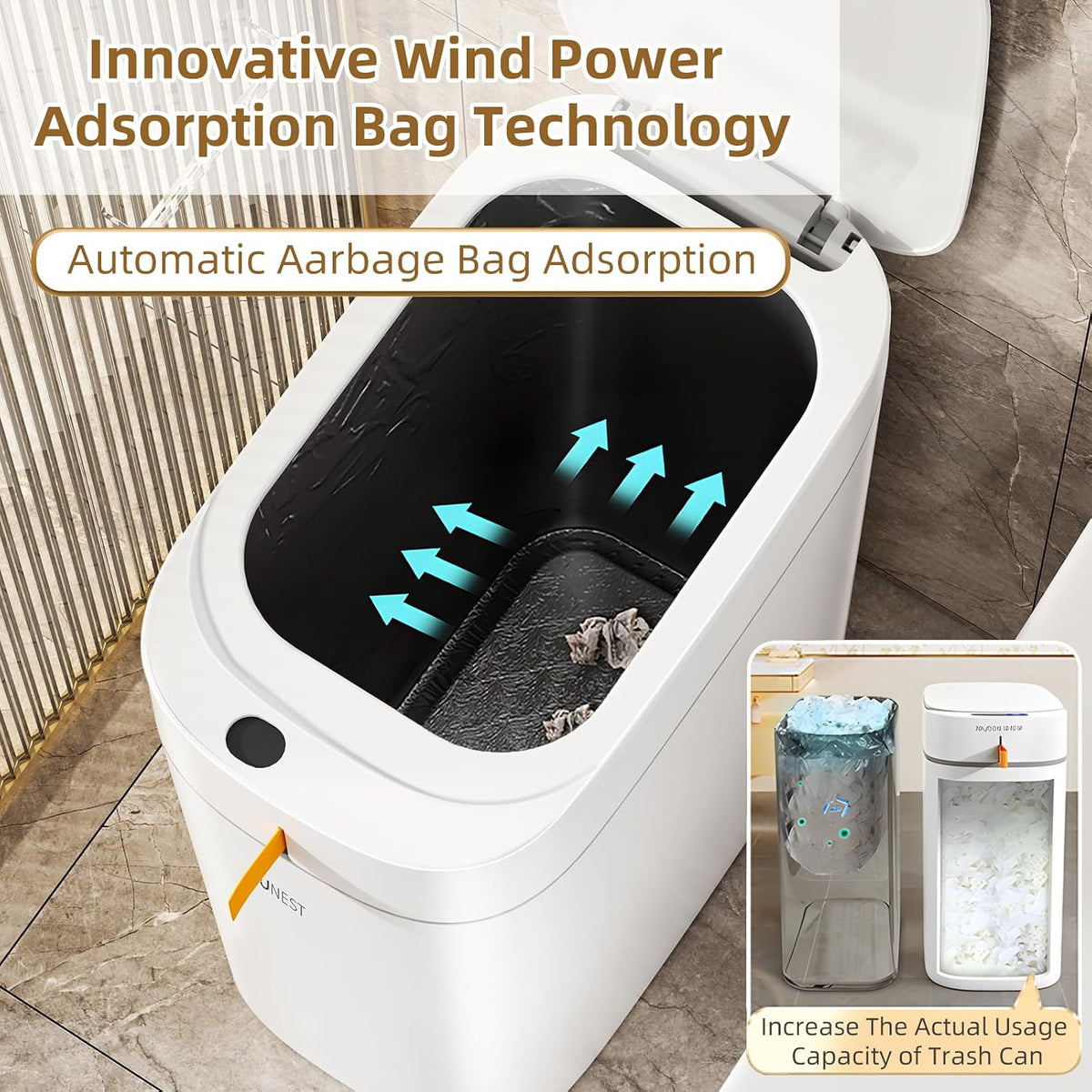 3.5 Gal Rechargeable Motion Sensor Bathroom Trash Can with Lid, Bag Suction