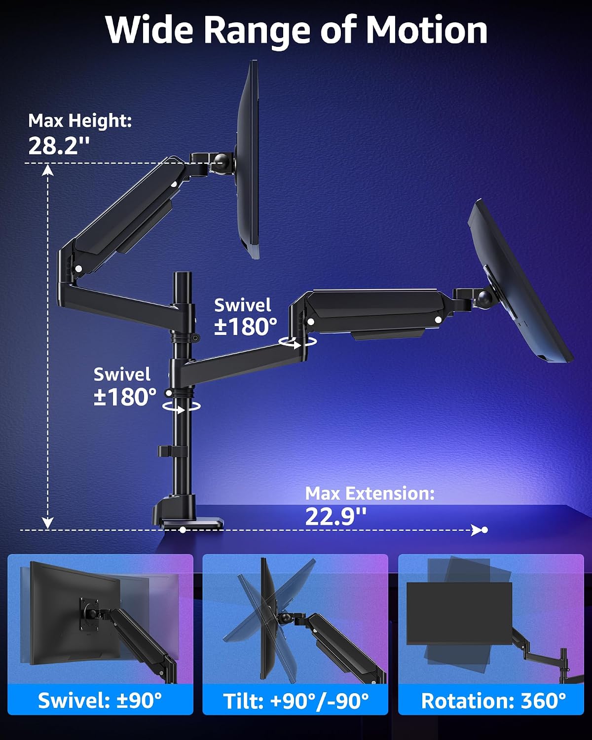 MOUNTUP Dual Monitor Stand Fits 49 45 42 40 39 34 32 Inch Screens, Heavy Duty Dual Monitor Arm Holds 7.7-44 lbs, Vertical Stacked Monitors Mount, Full Motion, Height Adjustable, VESA Mount