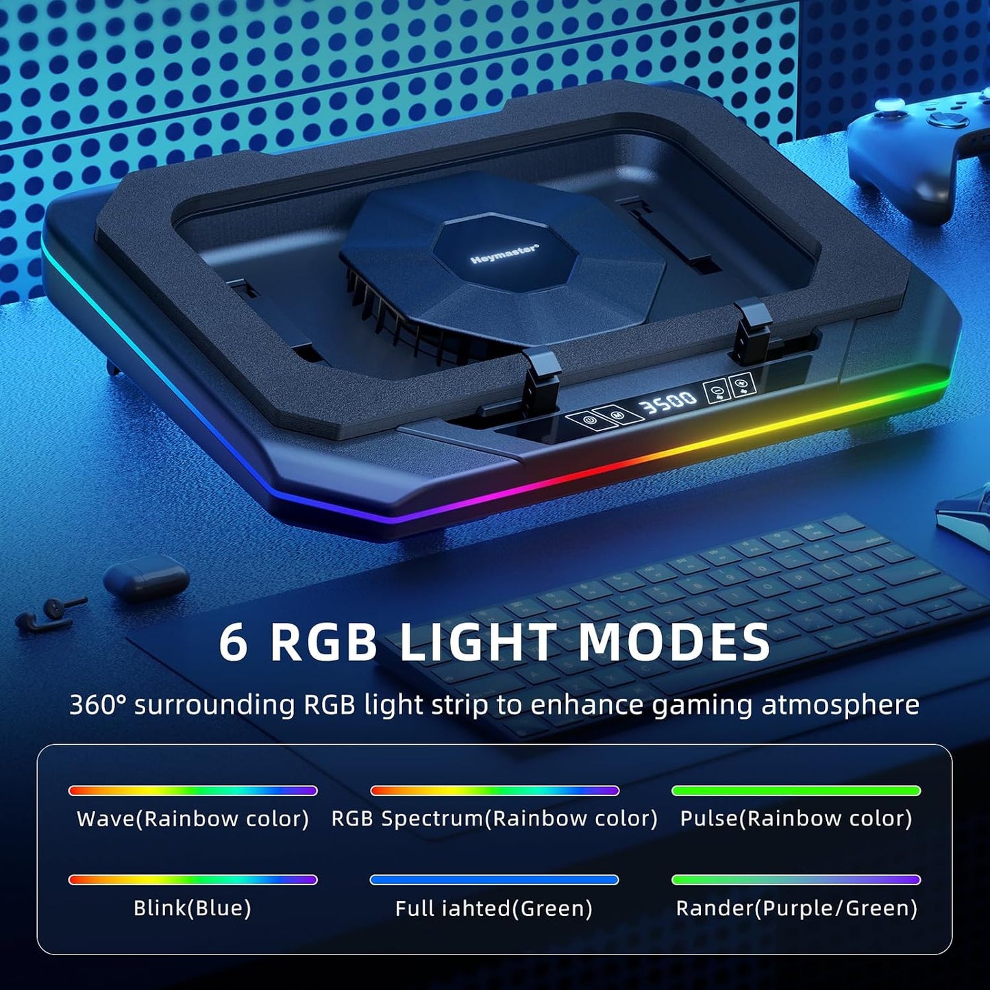 RGB Laptop Cooling Pad with LED Touch Screen, 3500 RPM Turbofan Notebook Cooler for 12-21 Inch Gaming Laptops, 3-Port USB Hub, Adjustable Stand to Prevent Overheating & Boost Performance