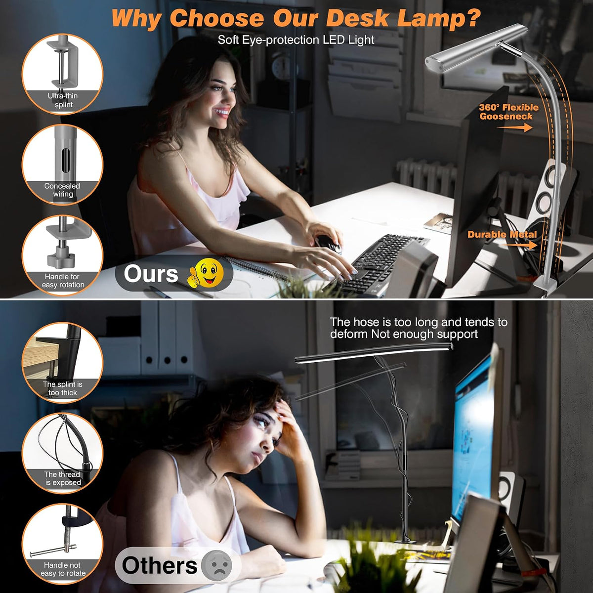 Airlonv LED Desk Lamp with Clamp, 17" Stepless Dimming Light, Grey