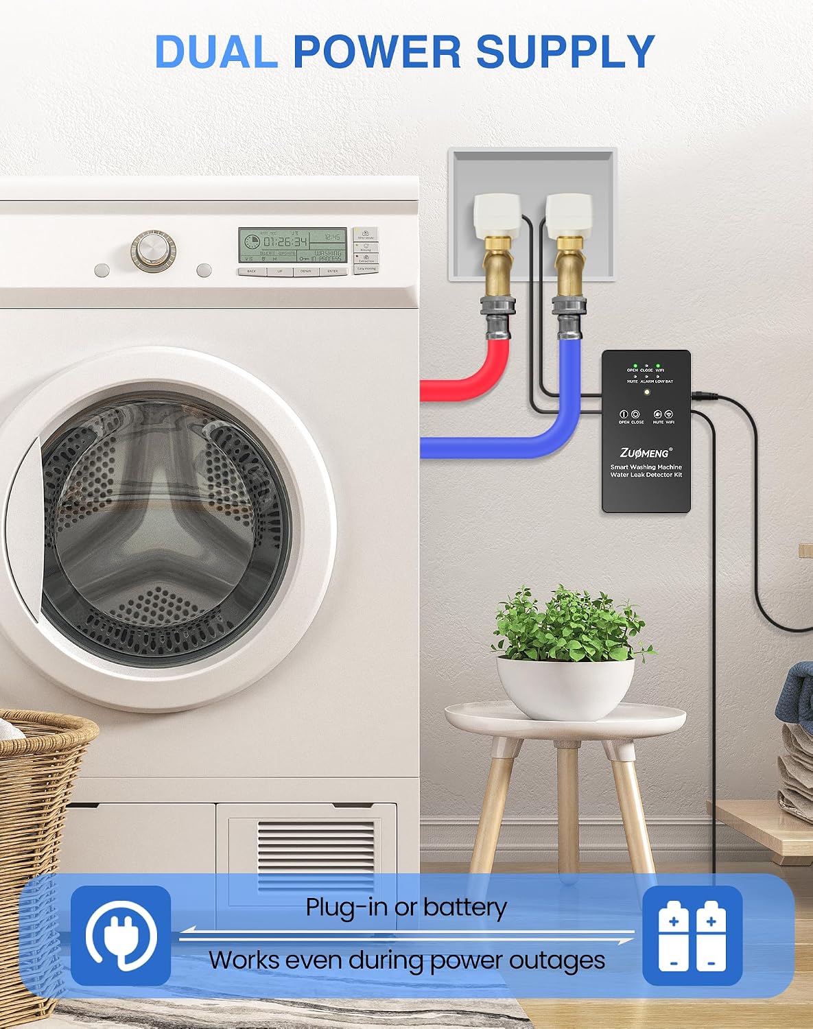 WiFi Washing Machine Water Leak Detector Kit with App Alerts & Sound Light Alarm, Dual Power Supply, High-Precision Sensor, Automatic Hot & Cold Shut-Off Valves (3/4" 90°)