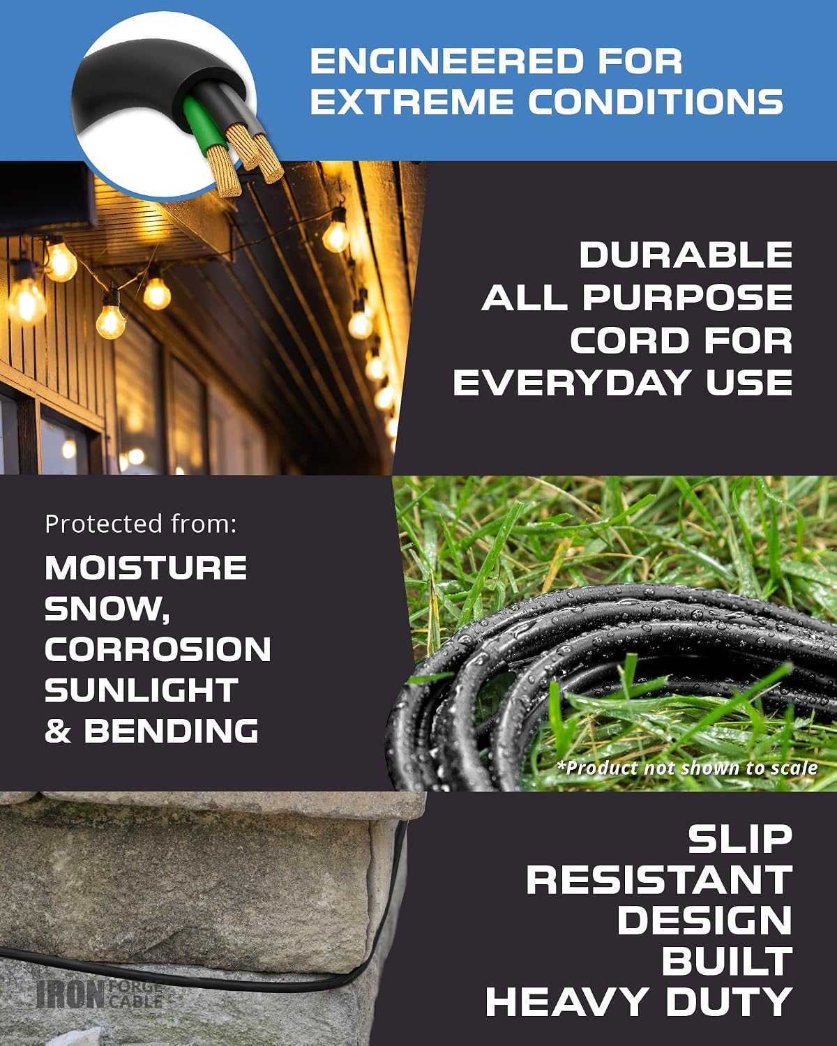Iron Forge Cable 6 Ft Black Extension Cord with 3 Outlets - 16/3 SJTW 6 Foot Extension Cord 3 Prong, Weatherproof Exterior Power Cable for Outdoor