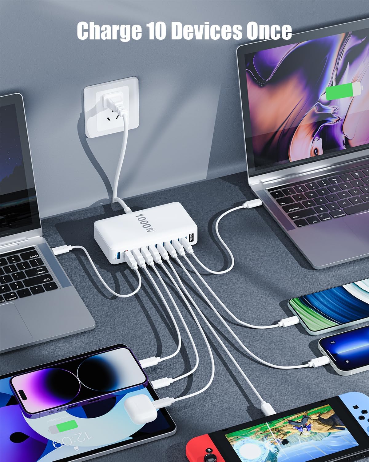 1000W USB C Charger Block,10-Port USB C GaN Multiple Port Charging Station
