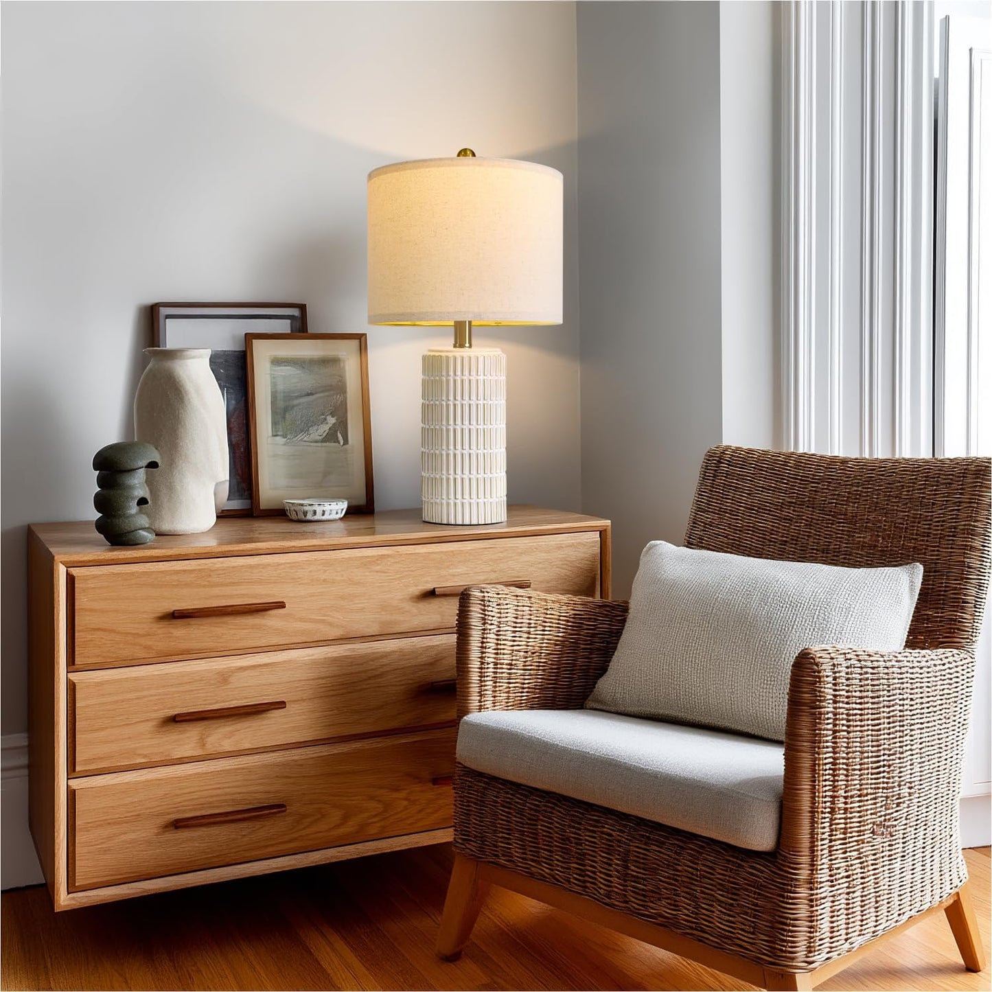 PoKat 20.75" Small Modern Ceramic Table Lamps Set of 2 for Bedroom, White | Bedside lamps for nightstands, farmhouse home decor, end table & desk light, ideal housewarming new home gift for women mom